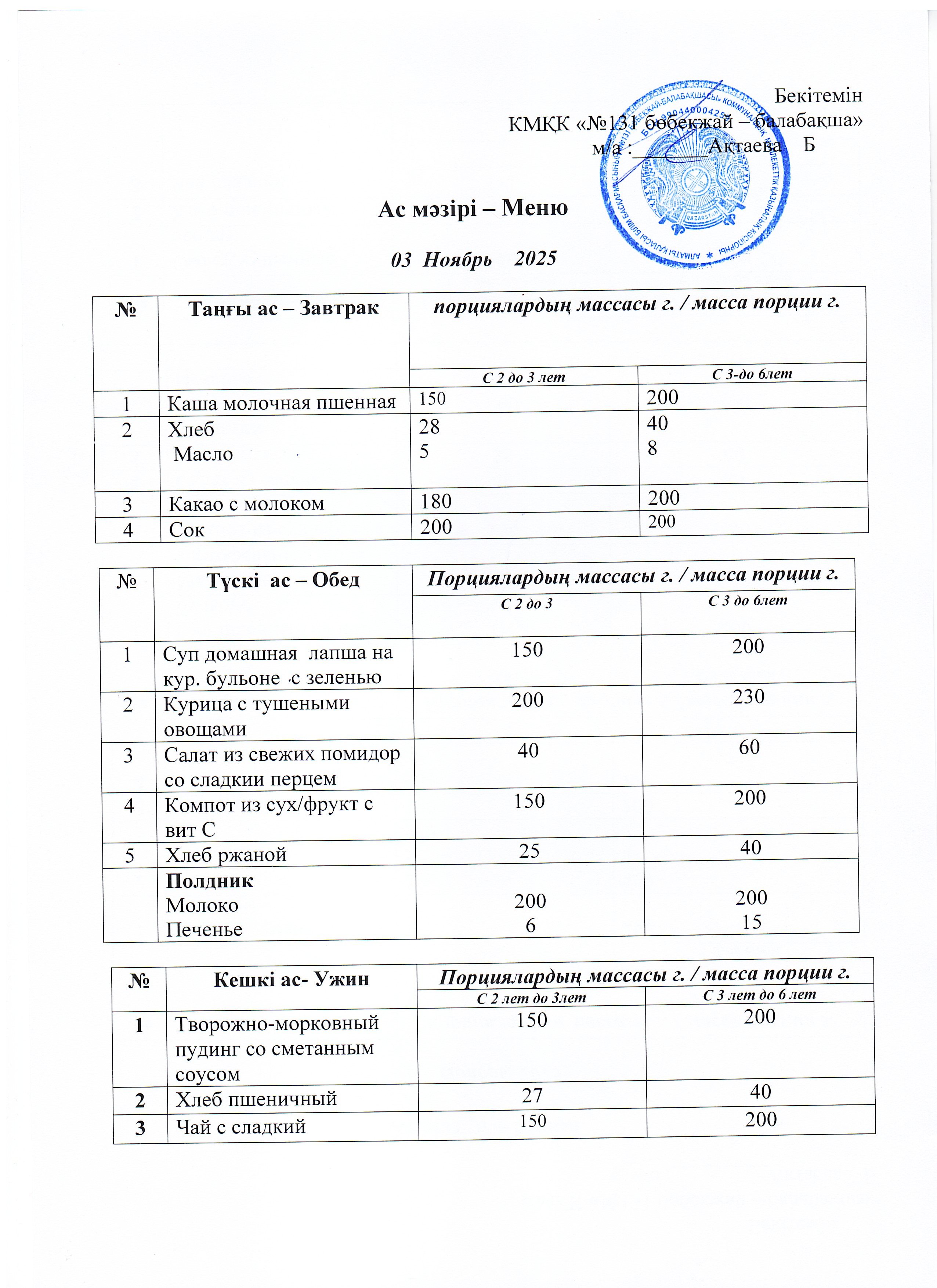 Меню 03 Ноябрь 2025 г