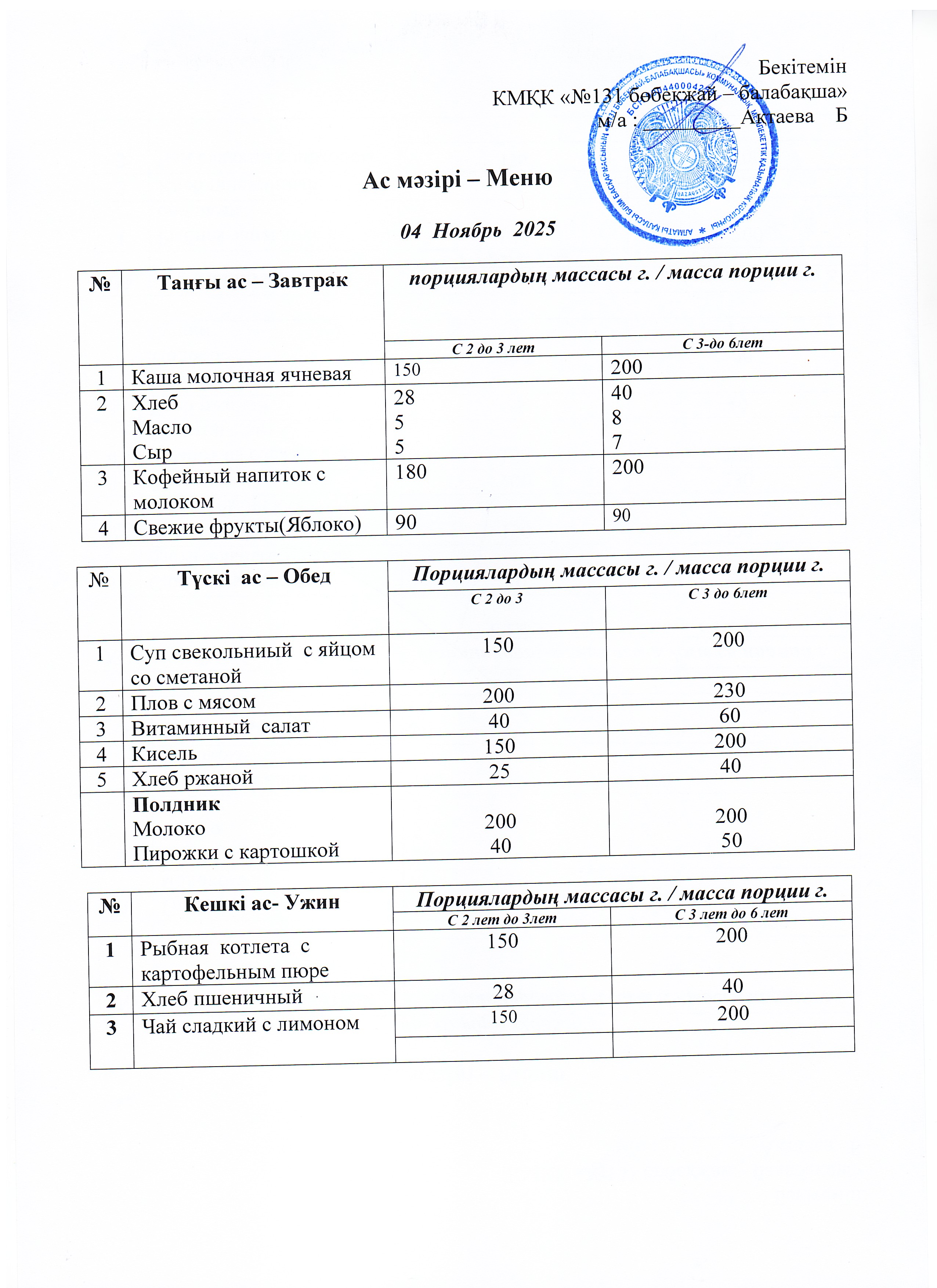 Меню 04 Ноябрь 2025 г