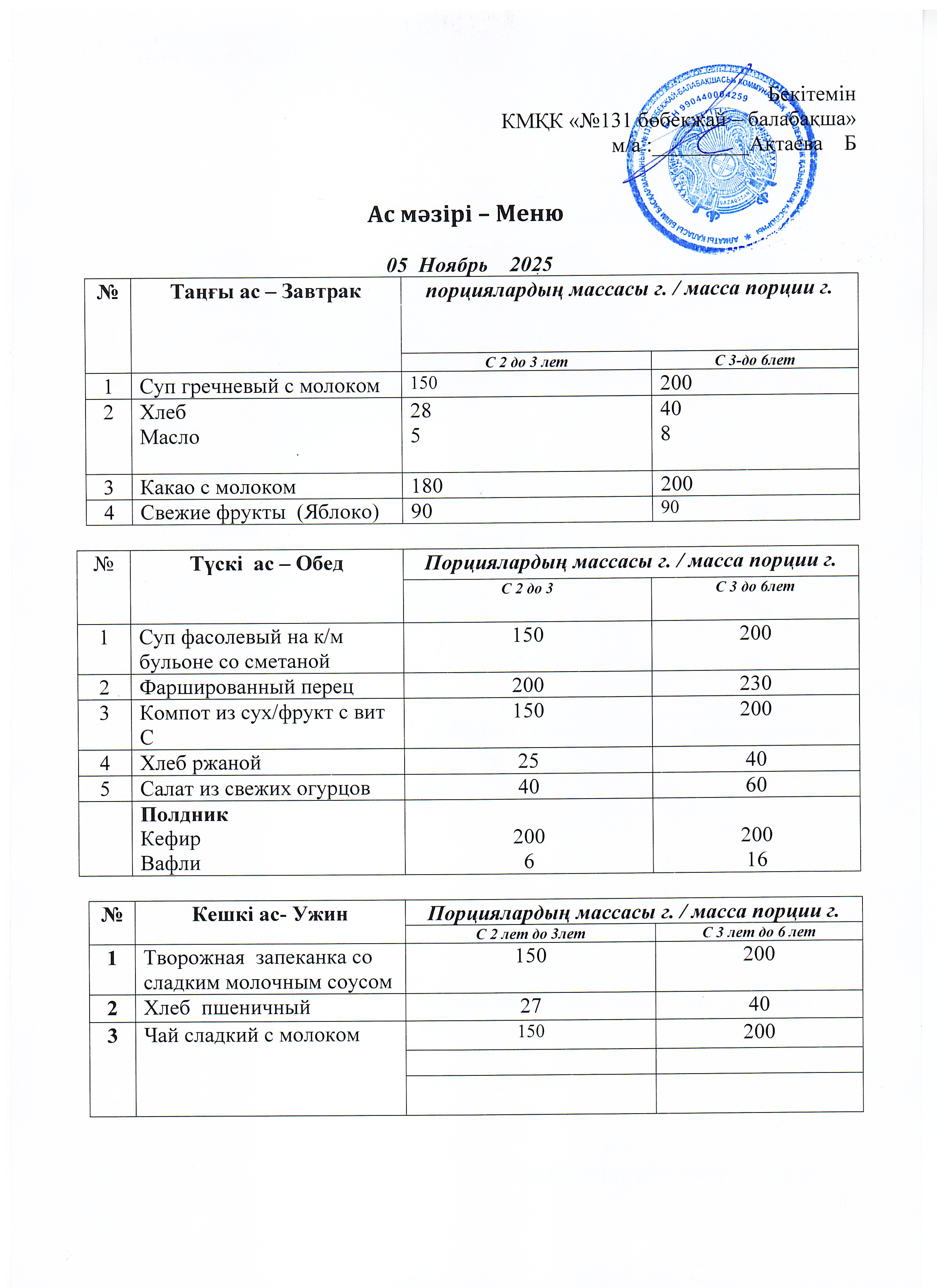 Меню 05 Ноябрь 2025 г