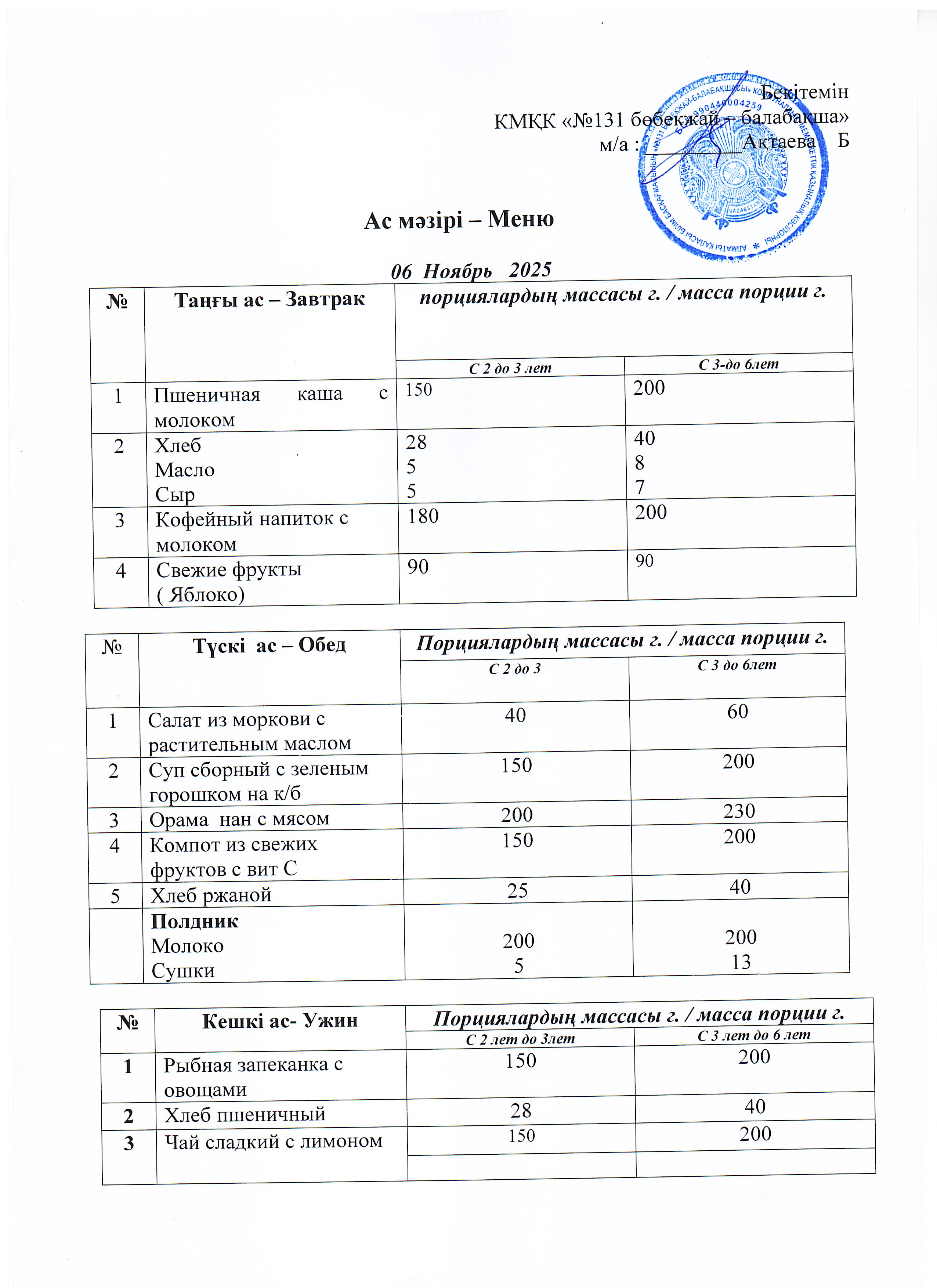 Меню 06 Ноябрь 2025 г