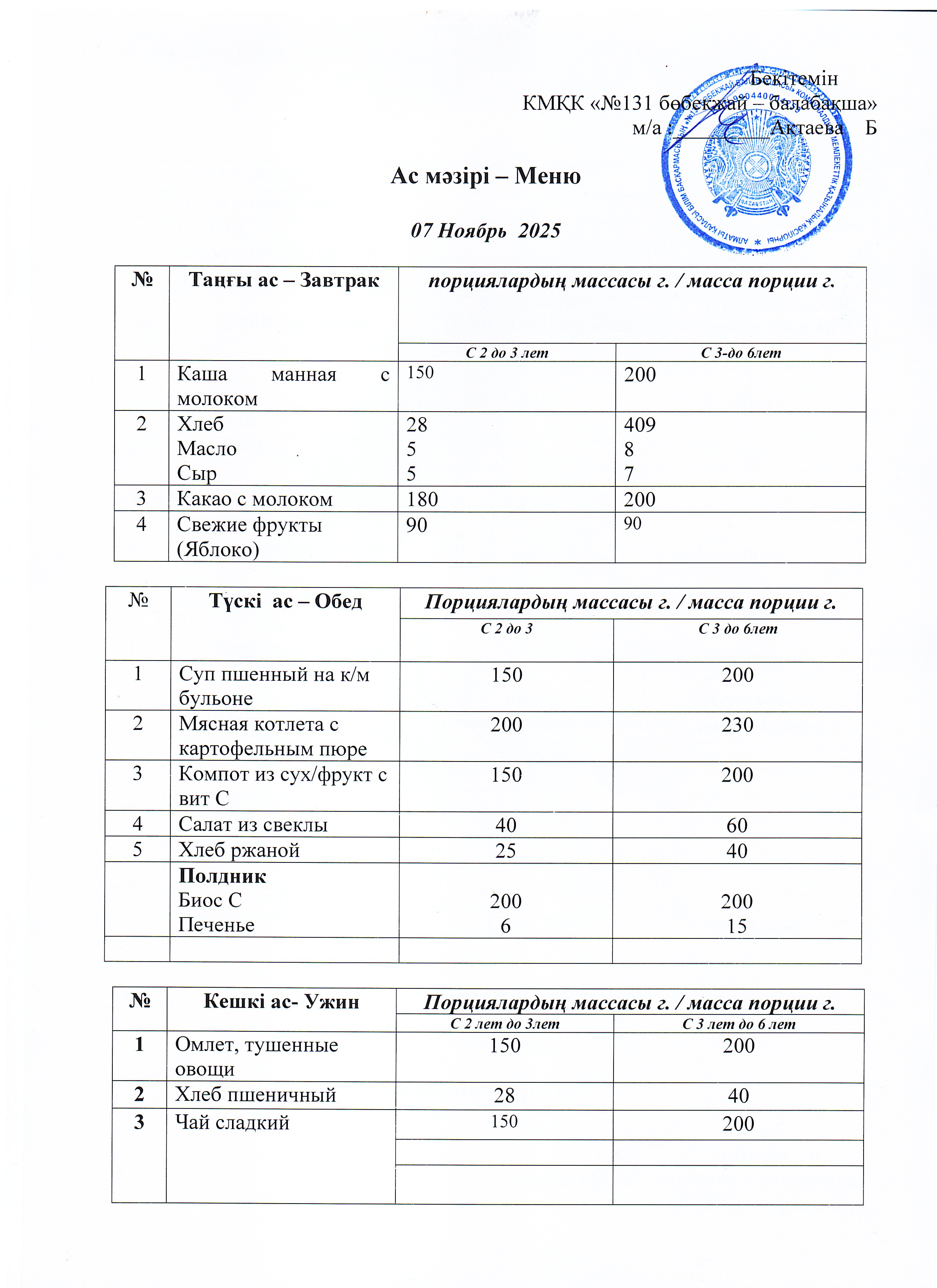 Меню 07 Ноябрь 2025 г