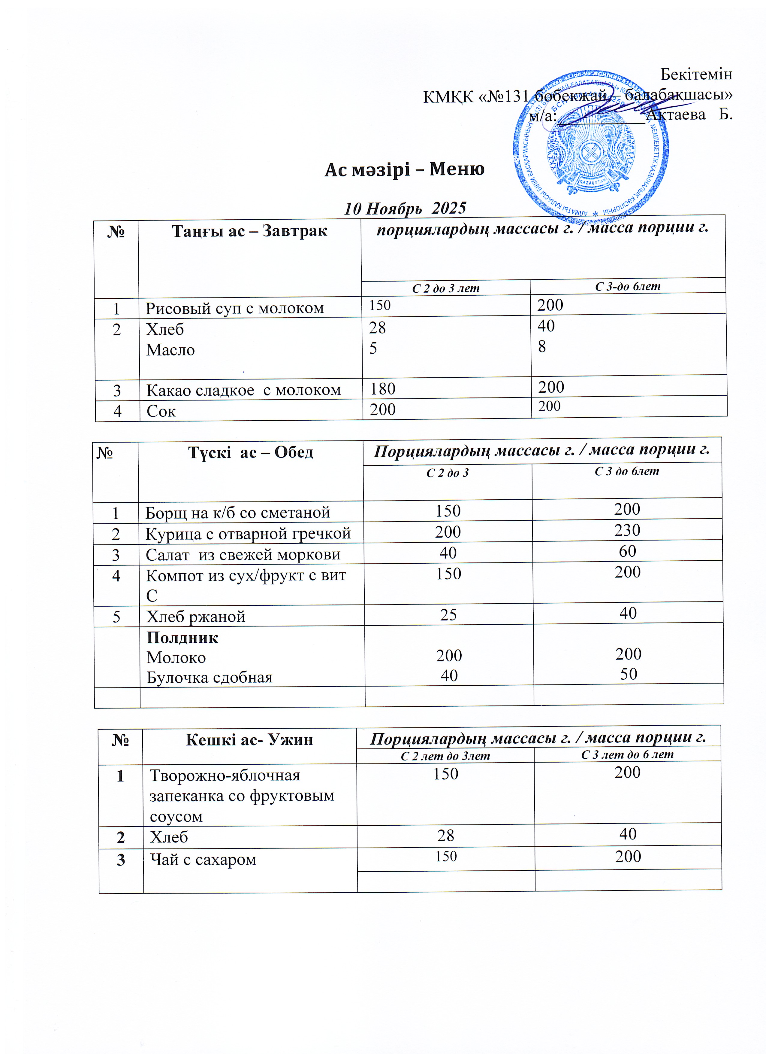 Меню 10 Ноябрь 2025 г
