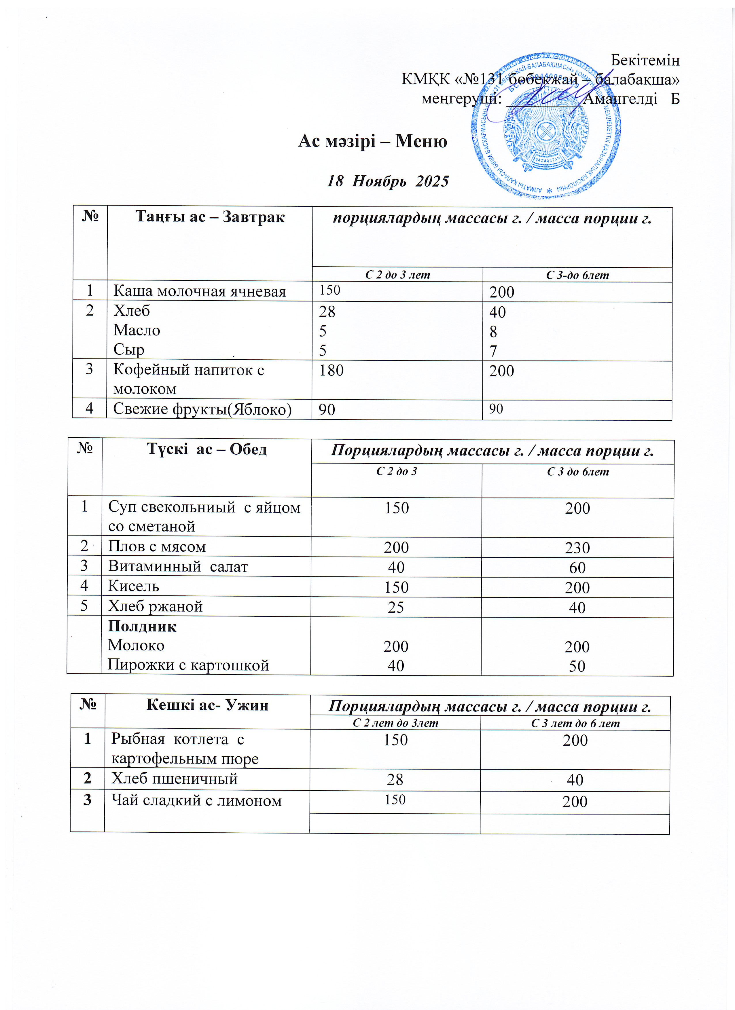 Меню 18 Ноябрь 2025 г