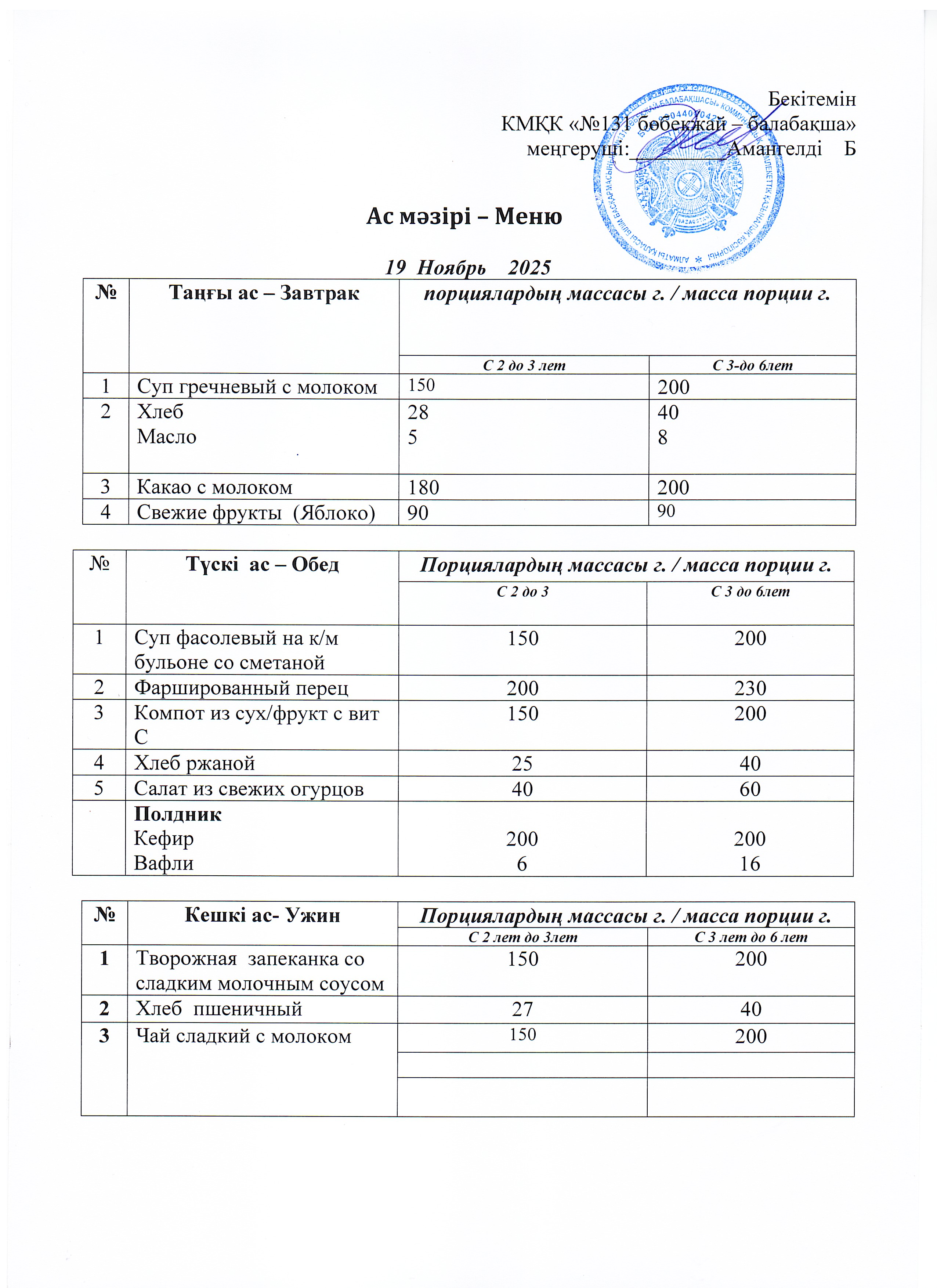 Меню 19 Ноябрь 2025 г