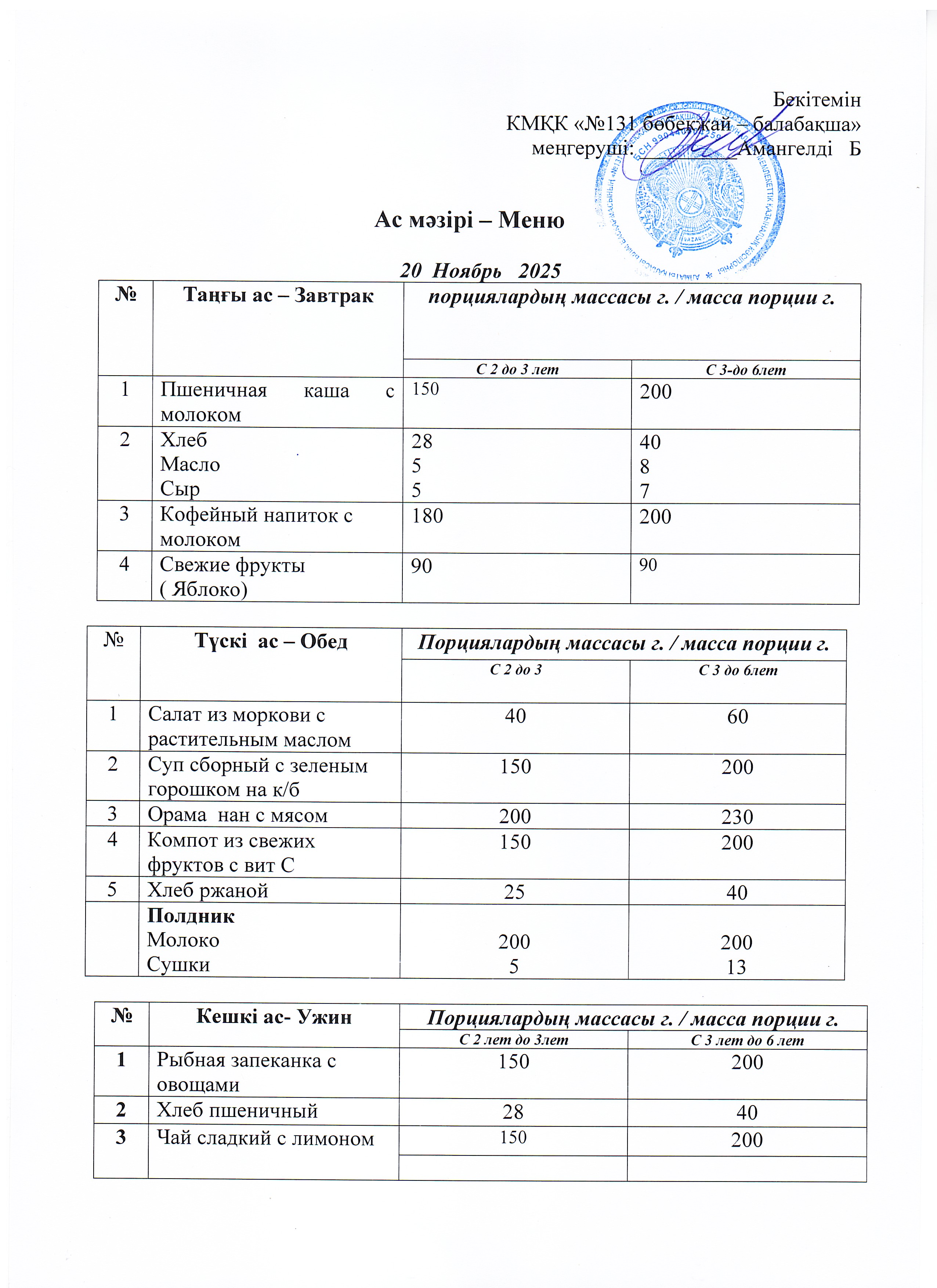 Меню 20 Ноябрь 2025 г