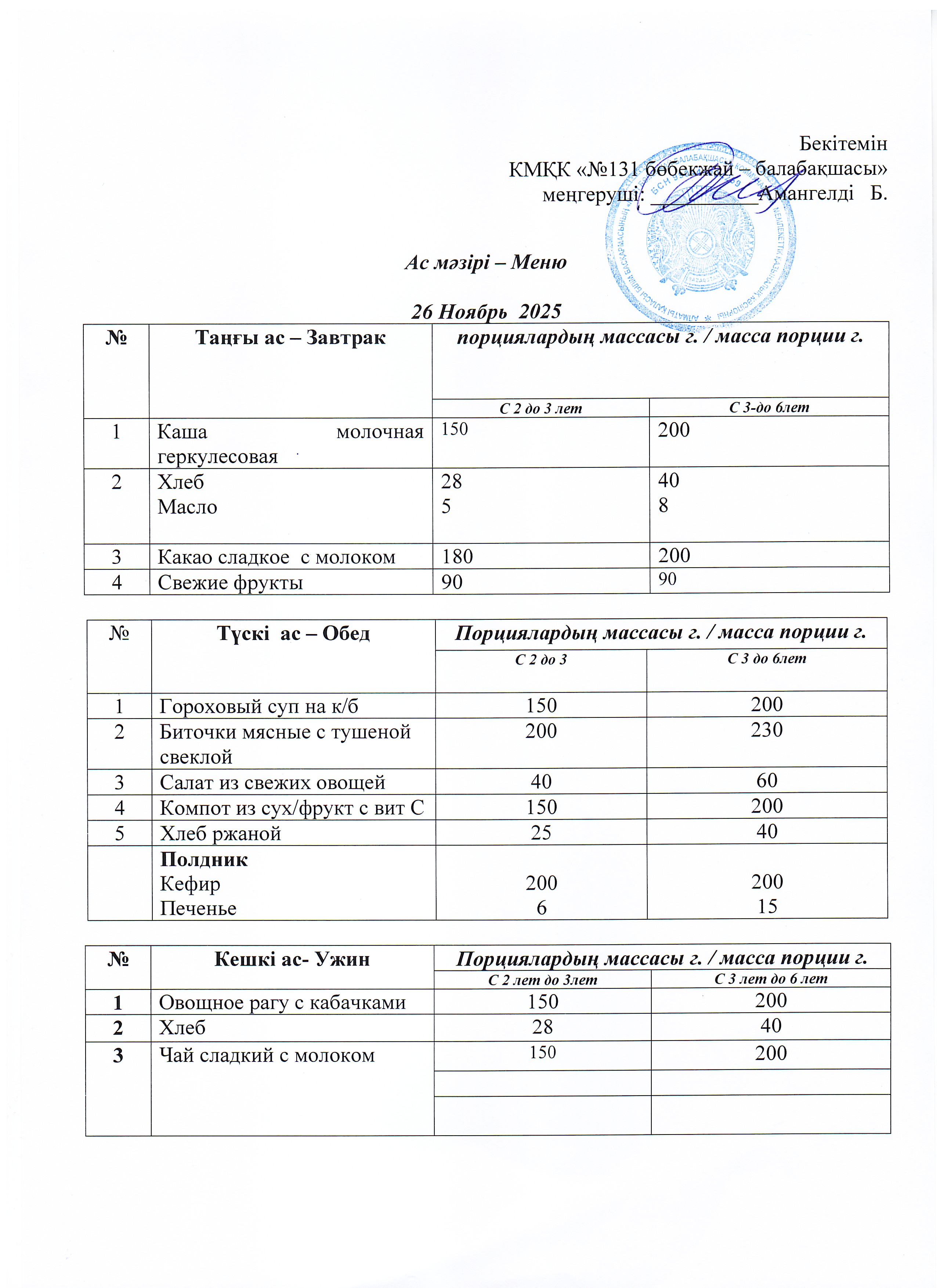 Меню 26 Ноябрь 2025 г