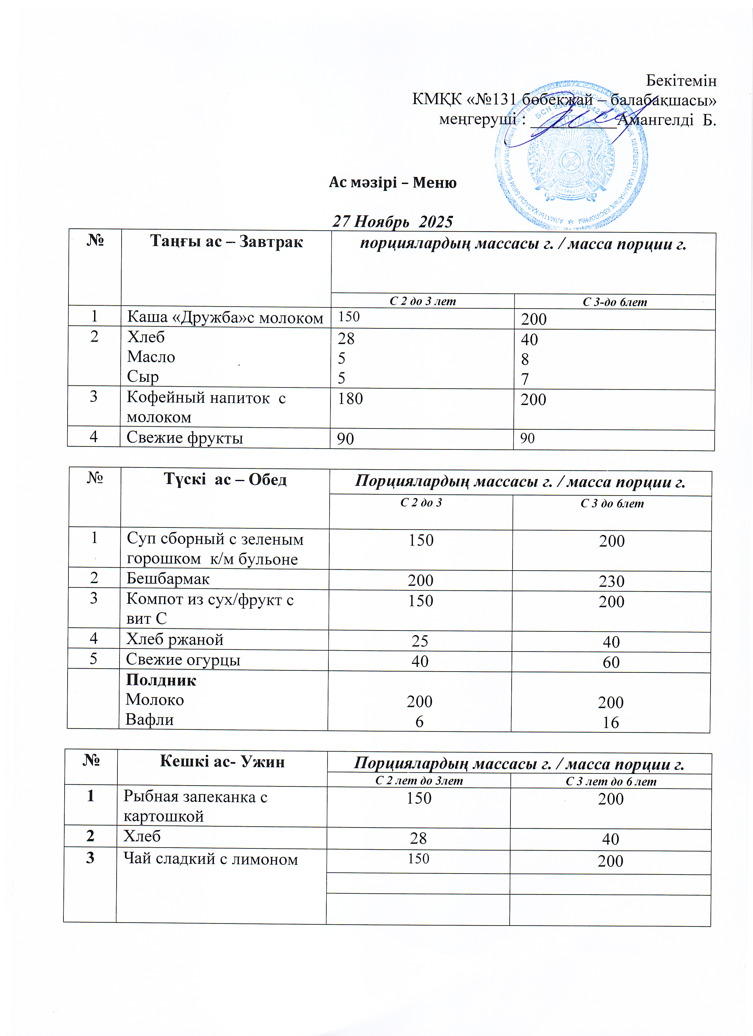 Меню  27 Ноябрь 2025 г