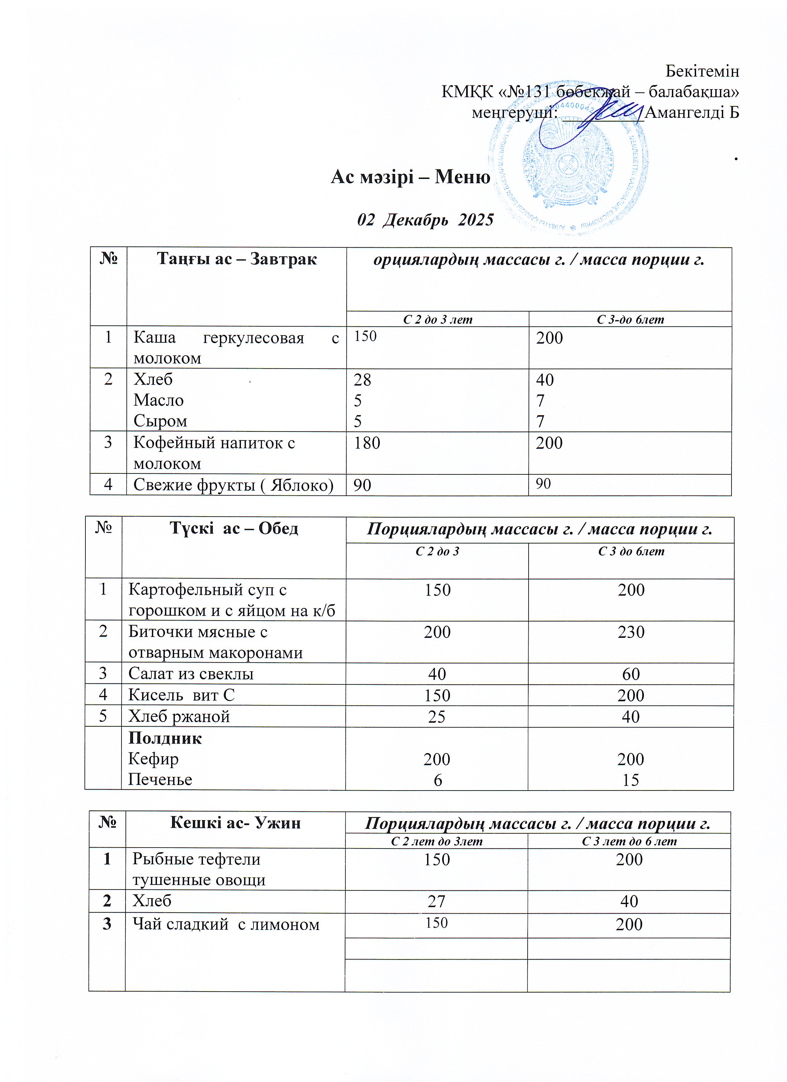Меню 02 Декабрь 2025 г