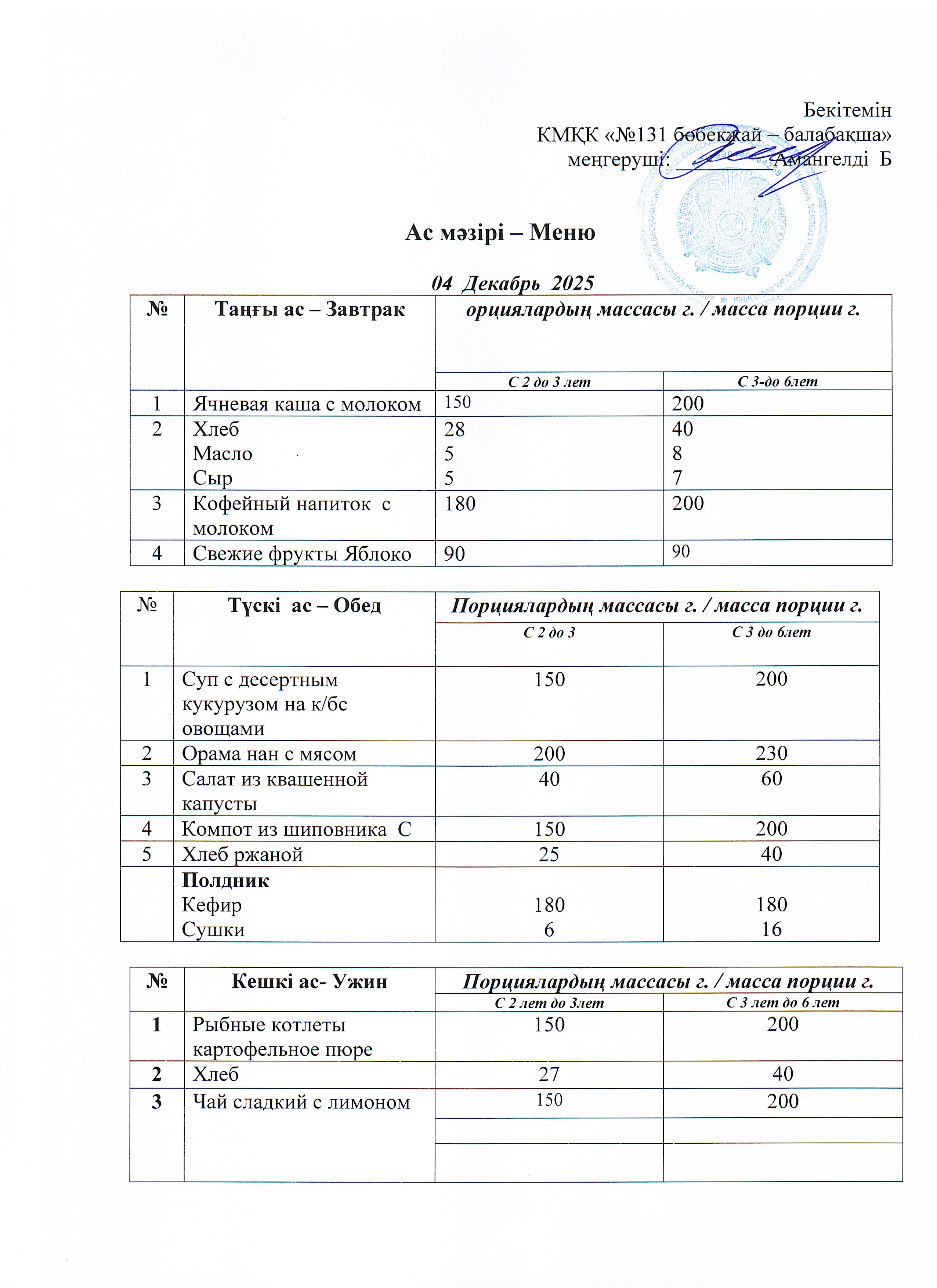 Меню 04 Декабрь 2025 г