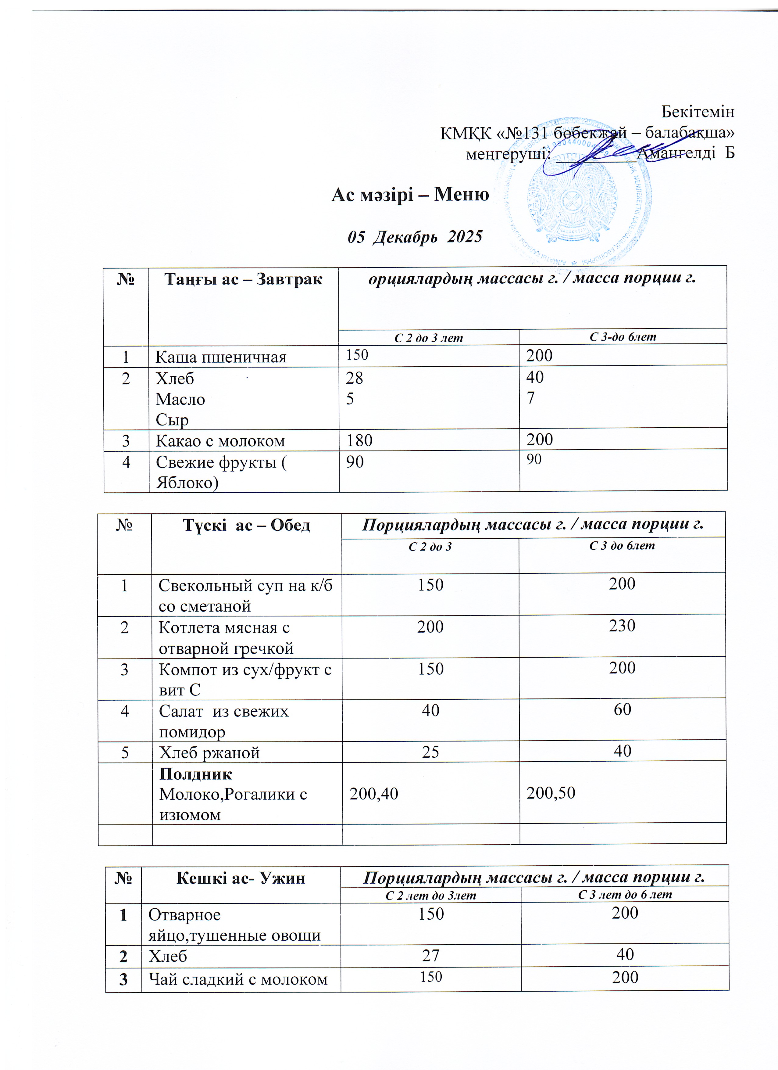 Меню 05 Декабрь 2025 г