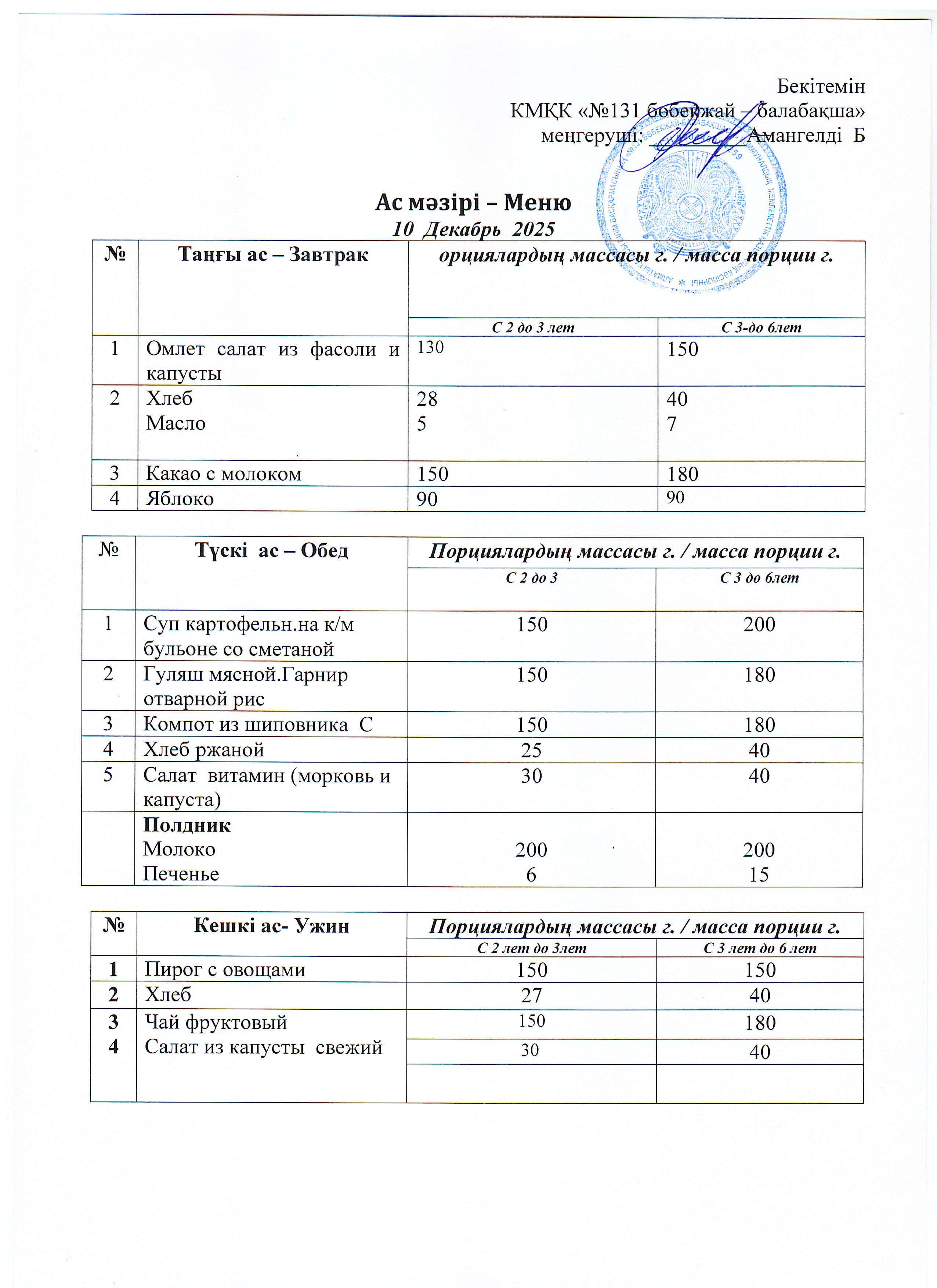 Меню 10 Декабрь 2025 г