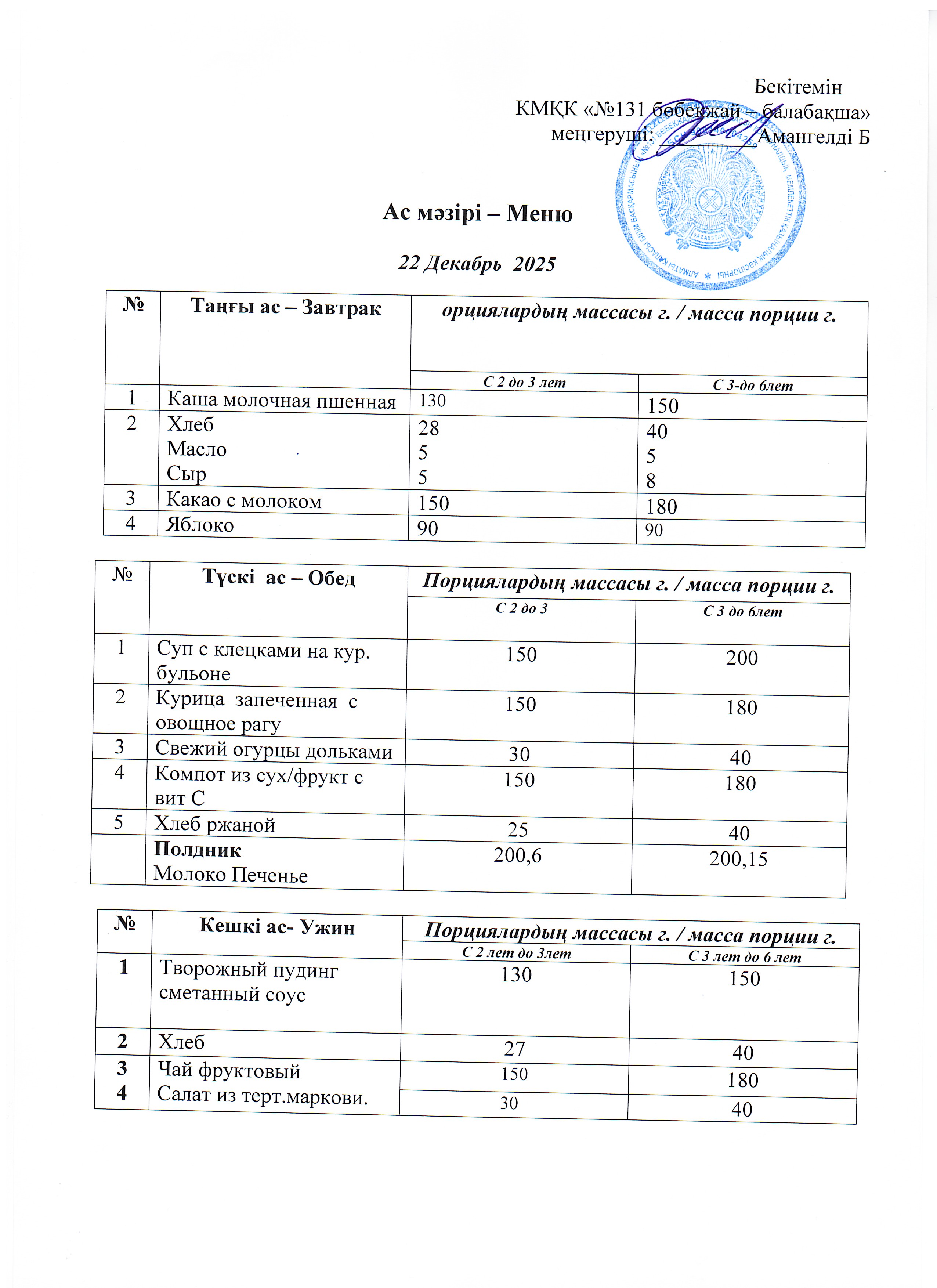 Меню 22 Декабрь 2025 г