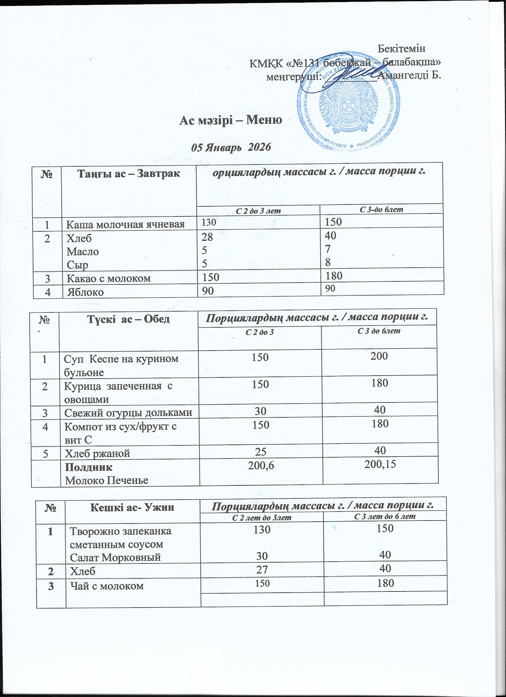Меню 05 Январь 2026 г