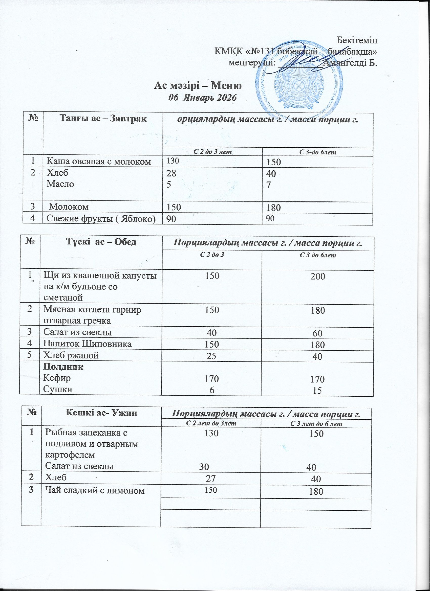 Меню 06 Январь 2026 г