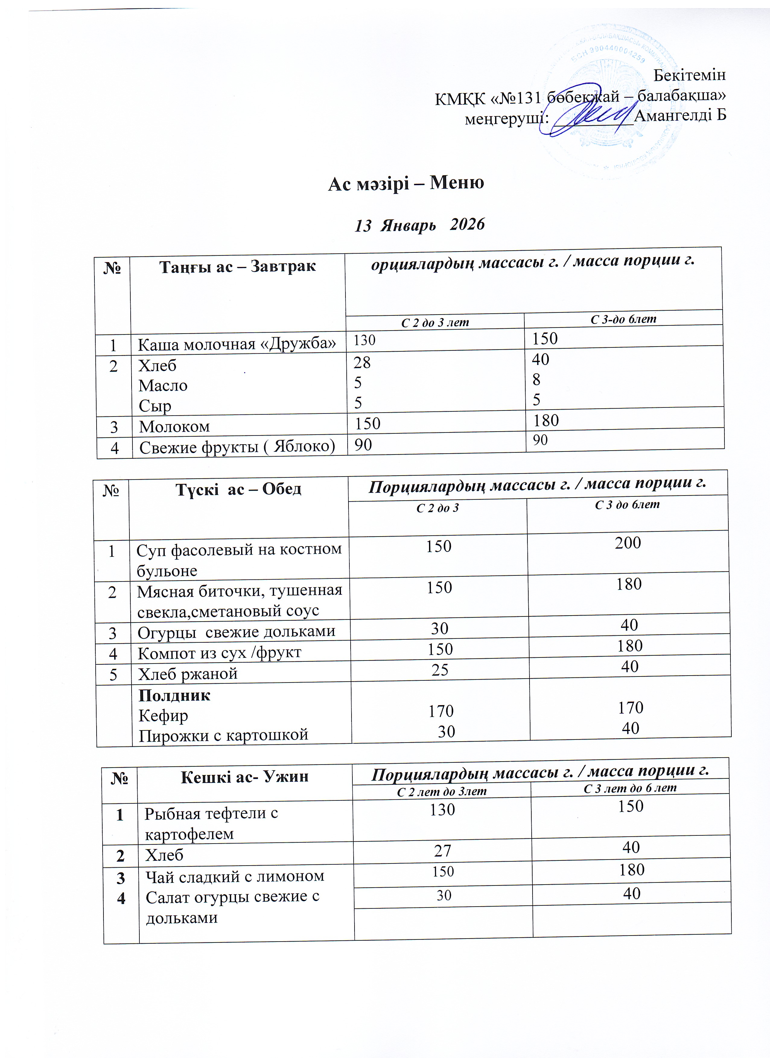 Меню 13 Январь 2026 г