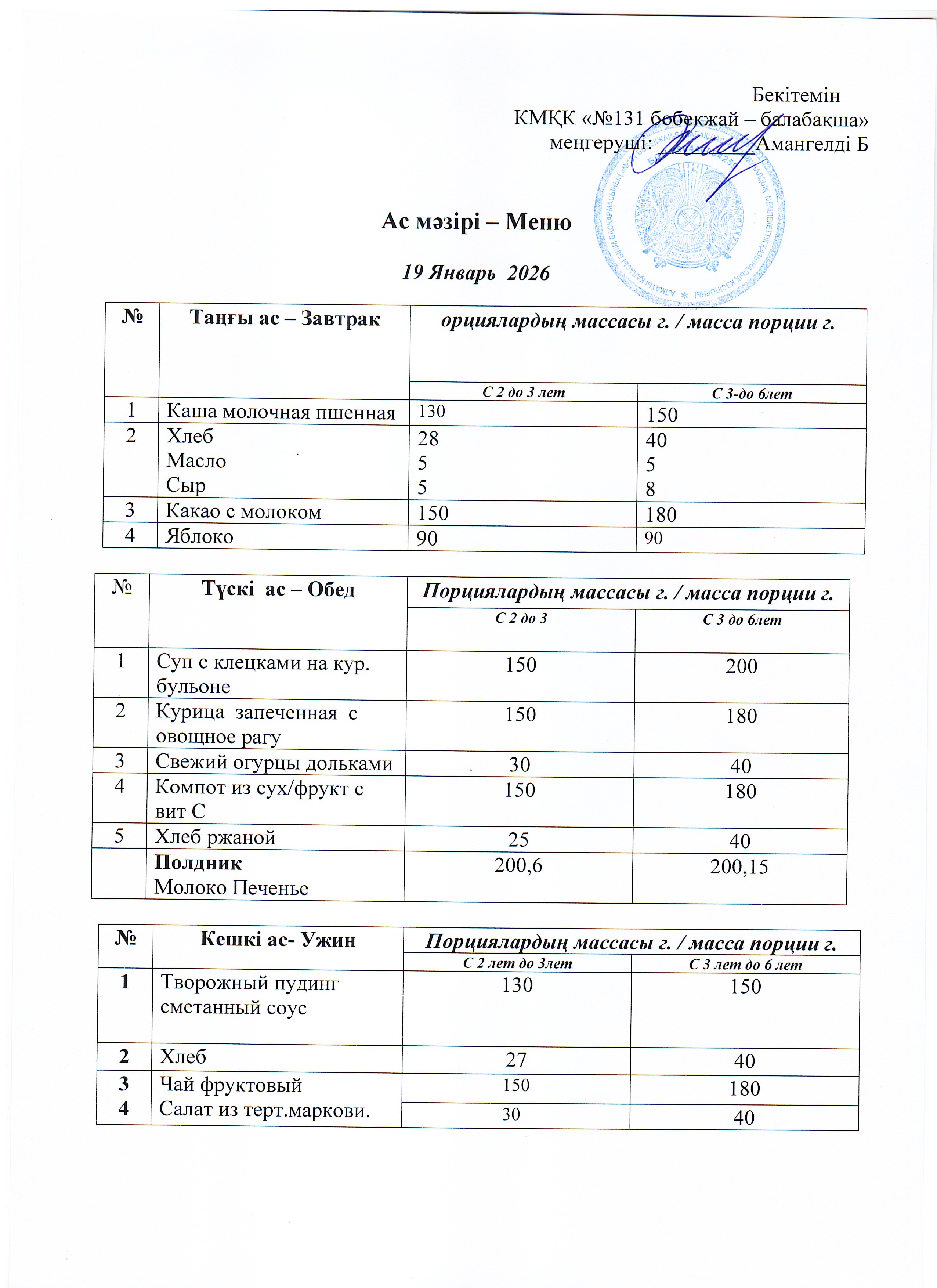 Меню 19 Январь 2026 г