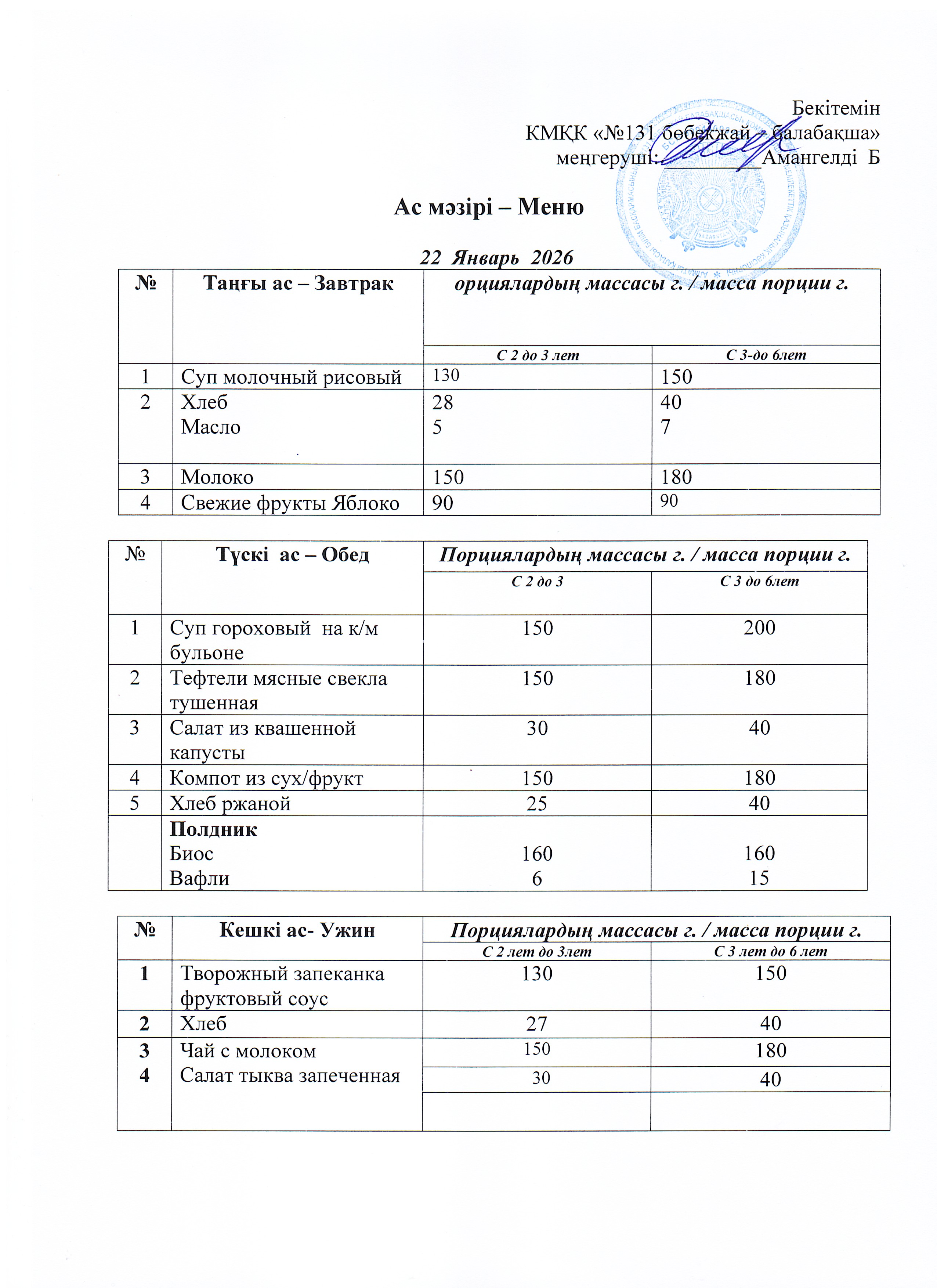 Меню 22 Январь 2026 г
