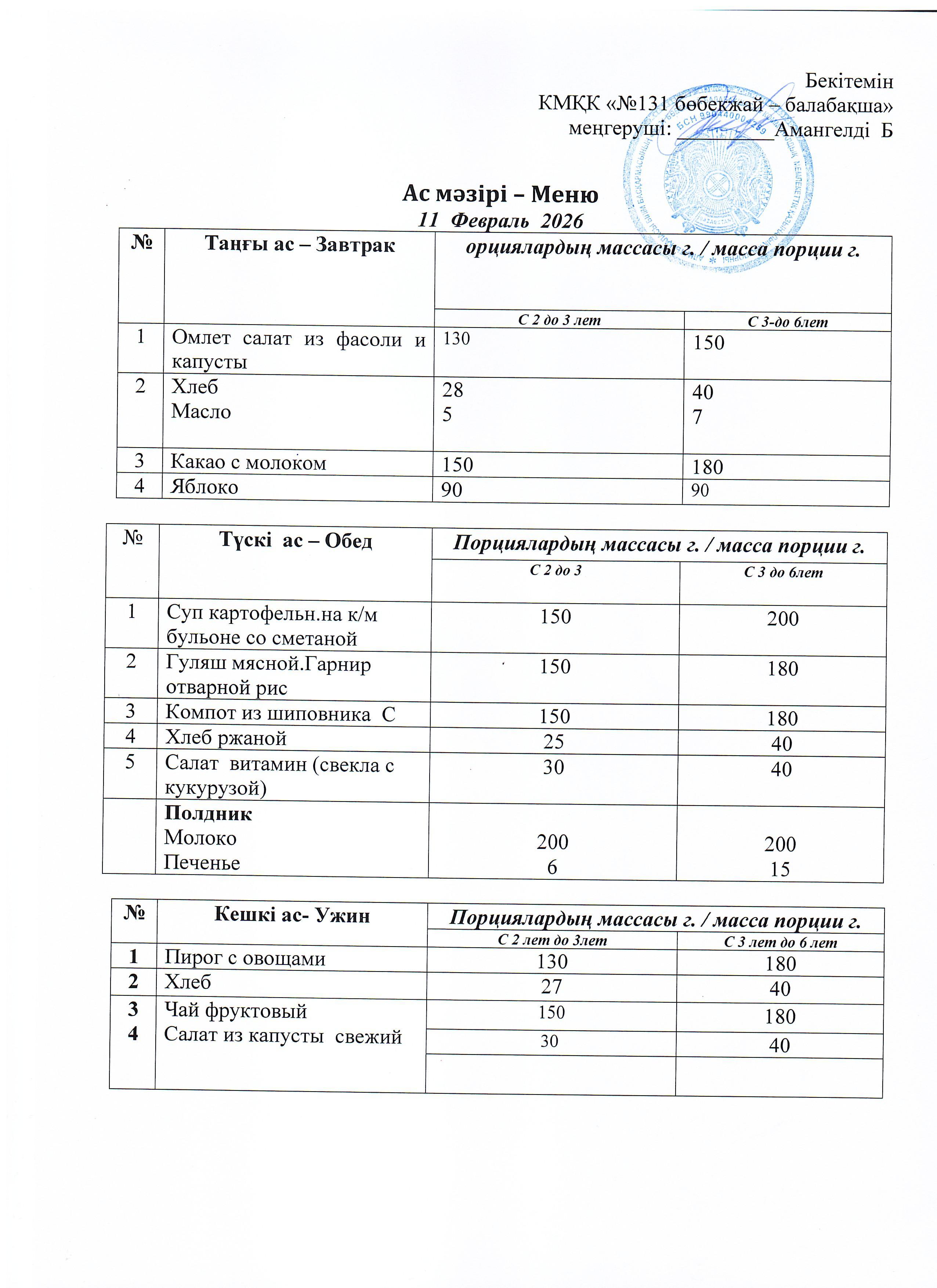 Меню 11 Февраль 2026 г