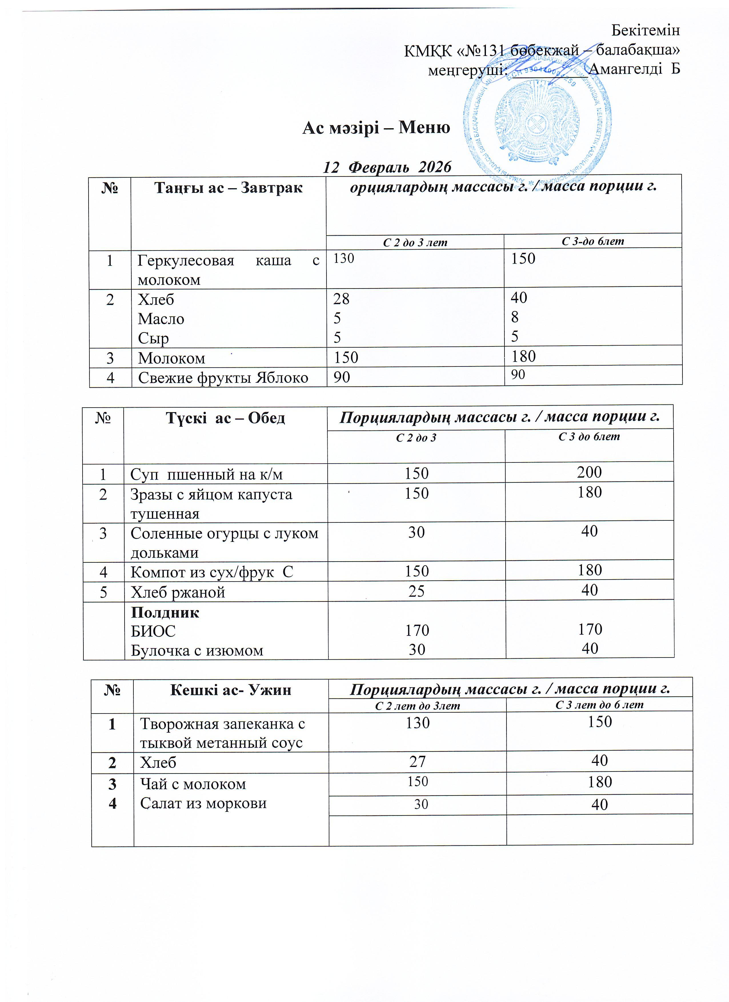 Меню 12 Февраль 2026 г
