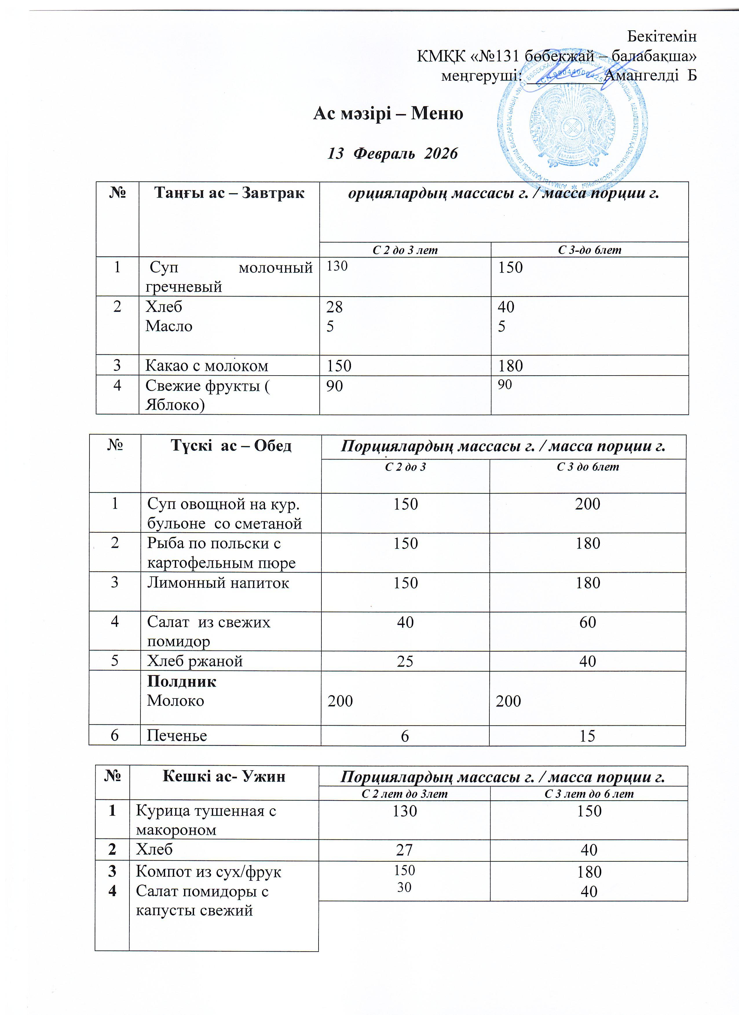 Меню 13 Февраль 2026 г