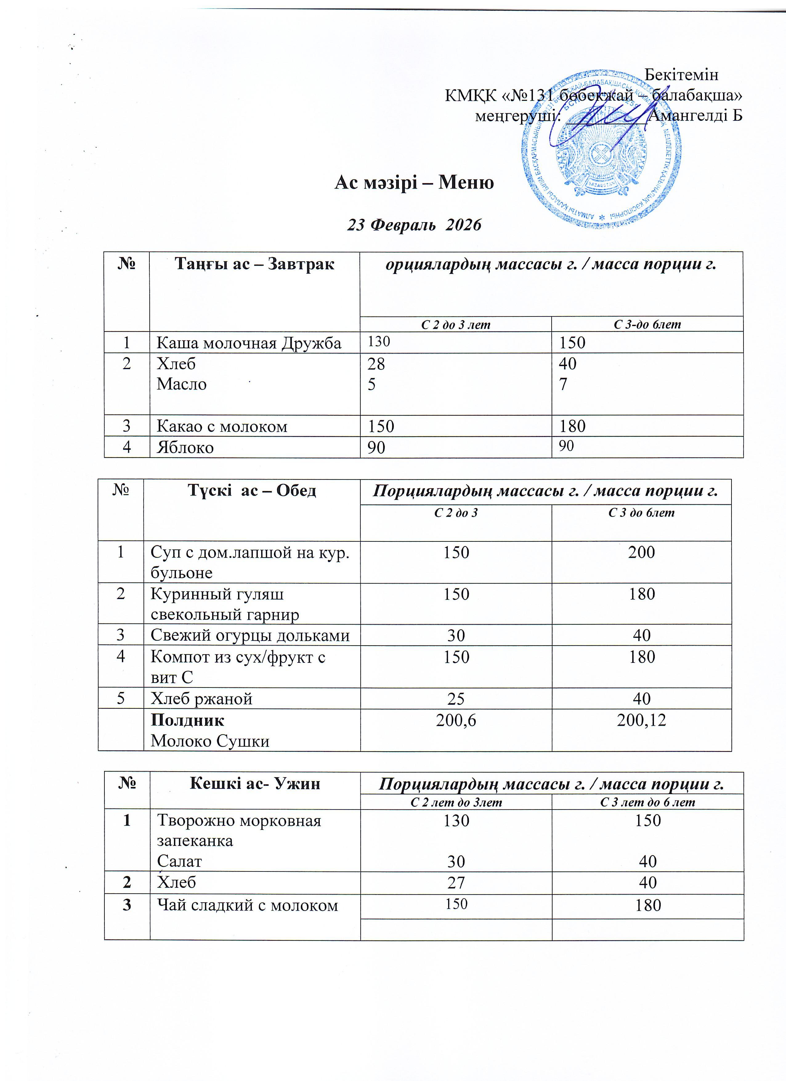 Меню 23 Февраль 2026 г