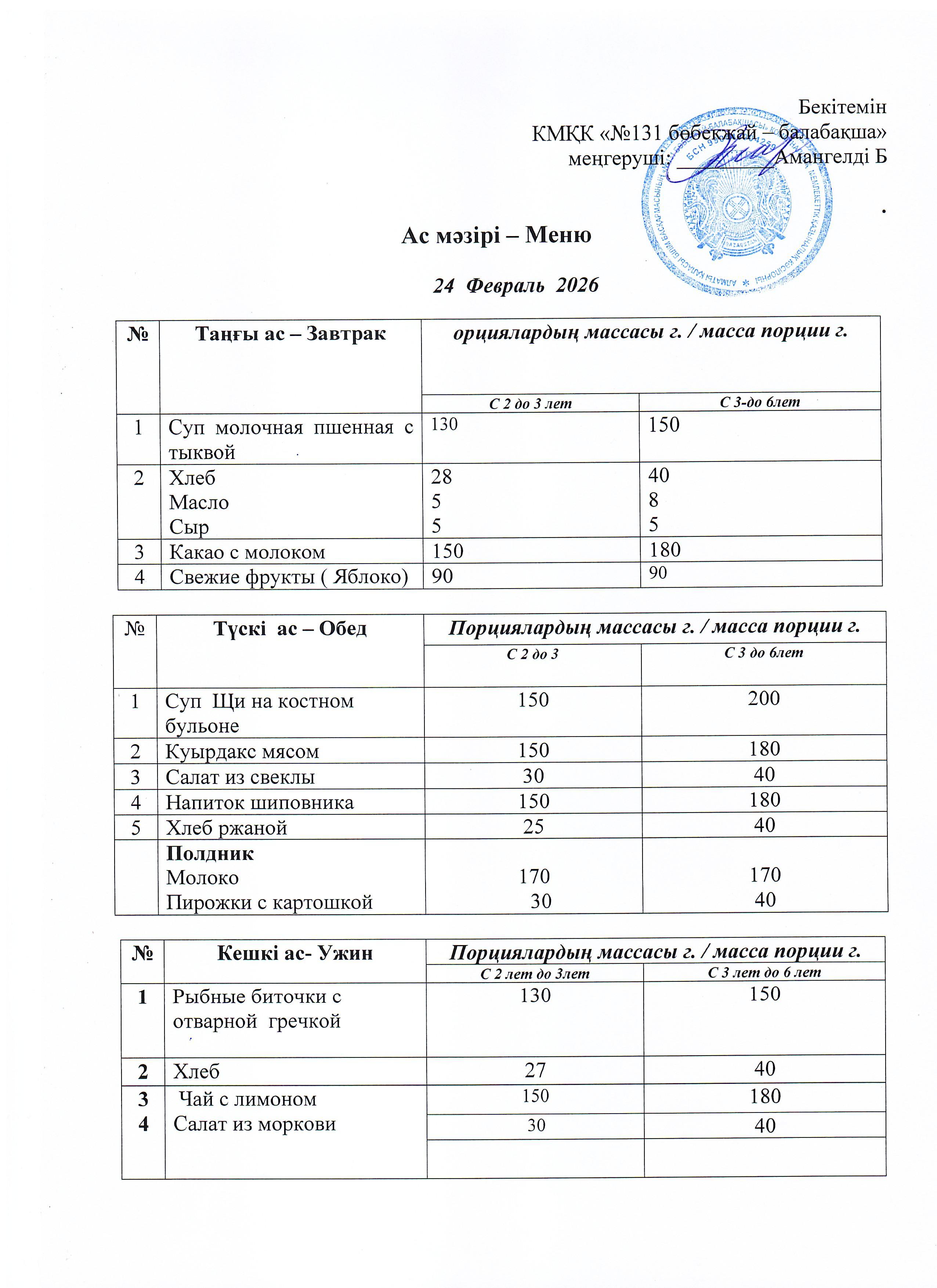 Меню 24 Февраль 2026 г