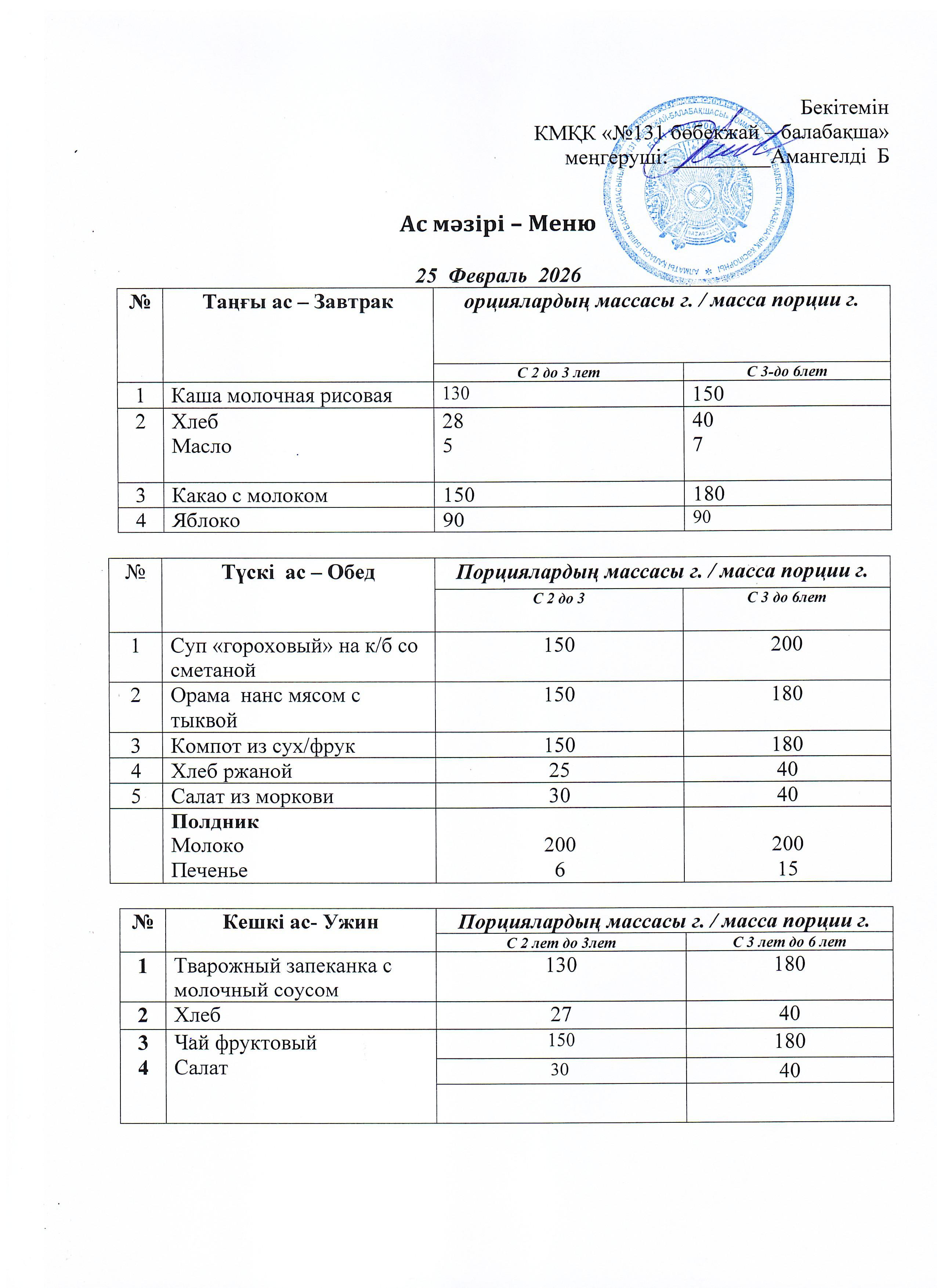 Меню 25 Февраль 2026 г