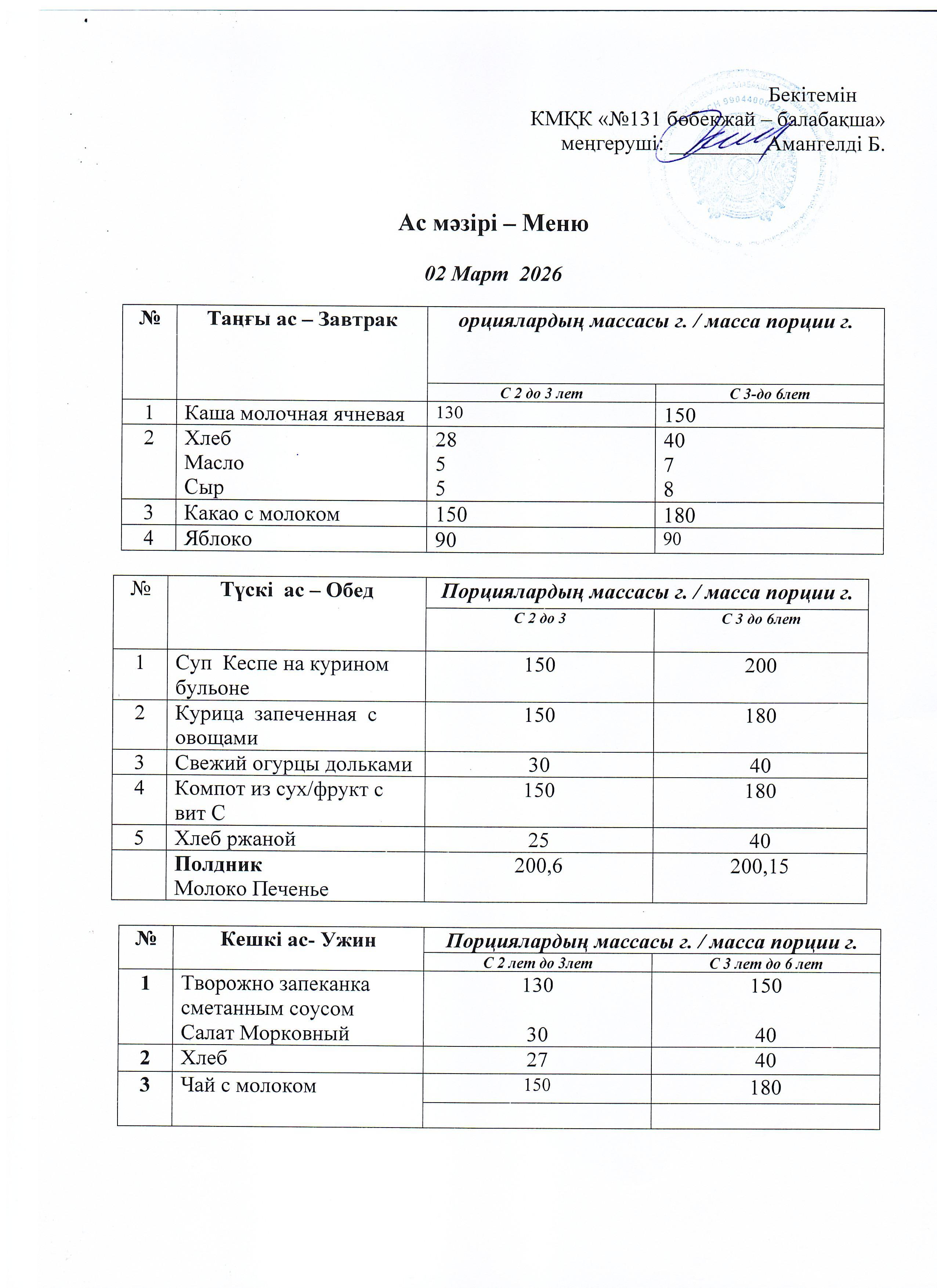 Меню 02 Март 2026 г