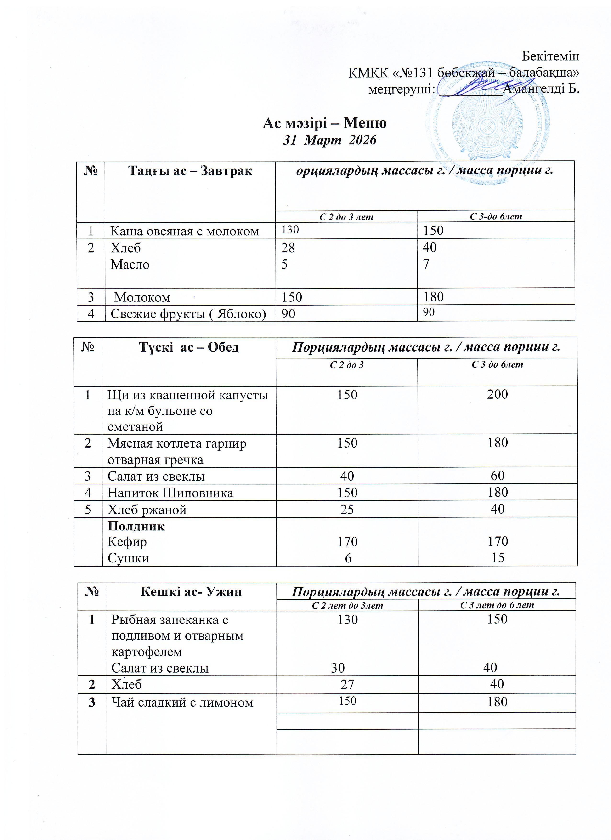 Меню 31 Март 2026 г