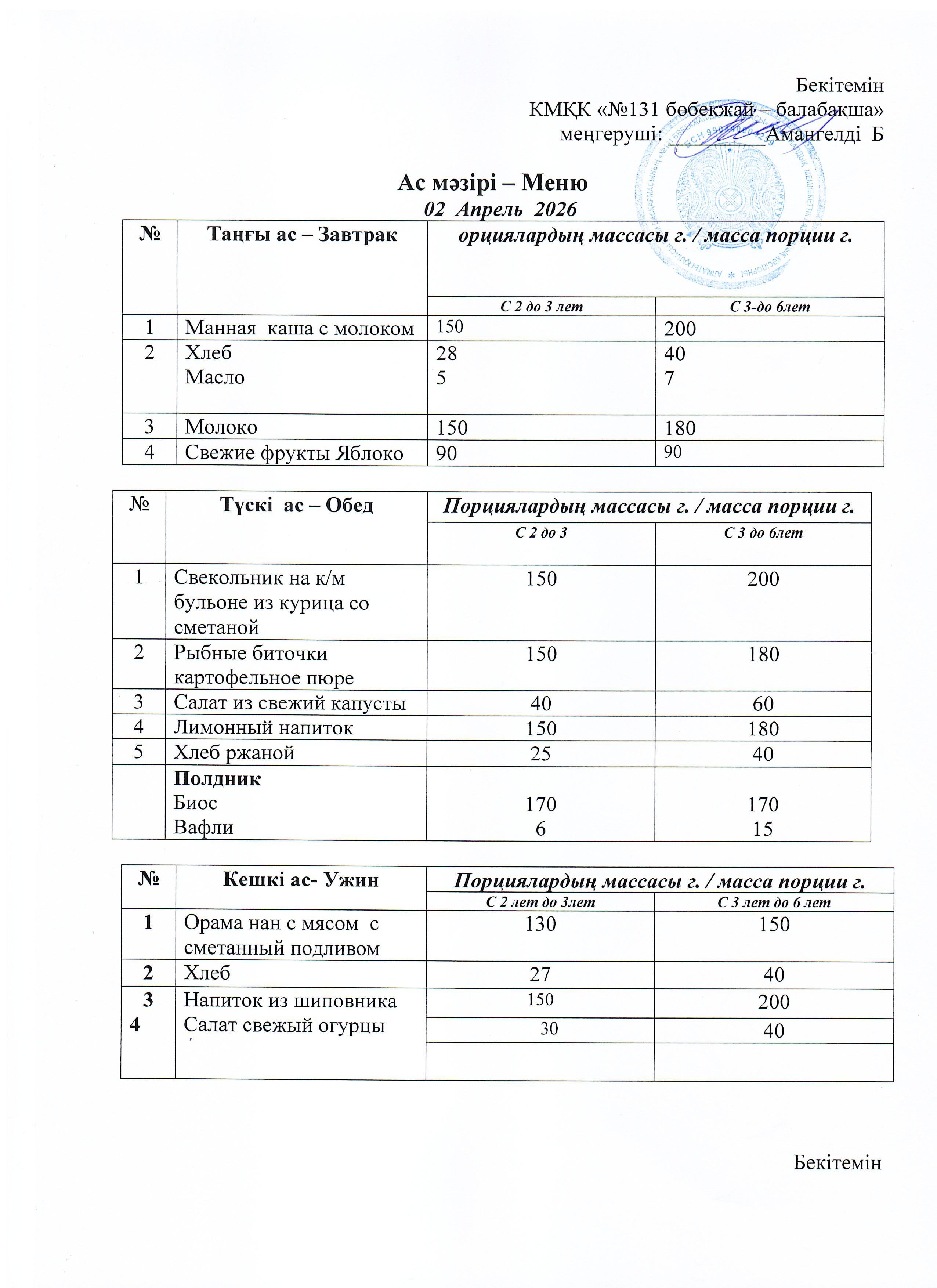 Меню 02 Апрель 2026 г
