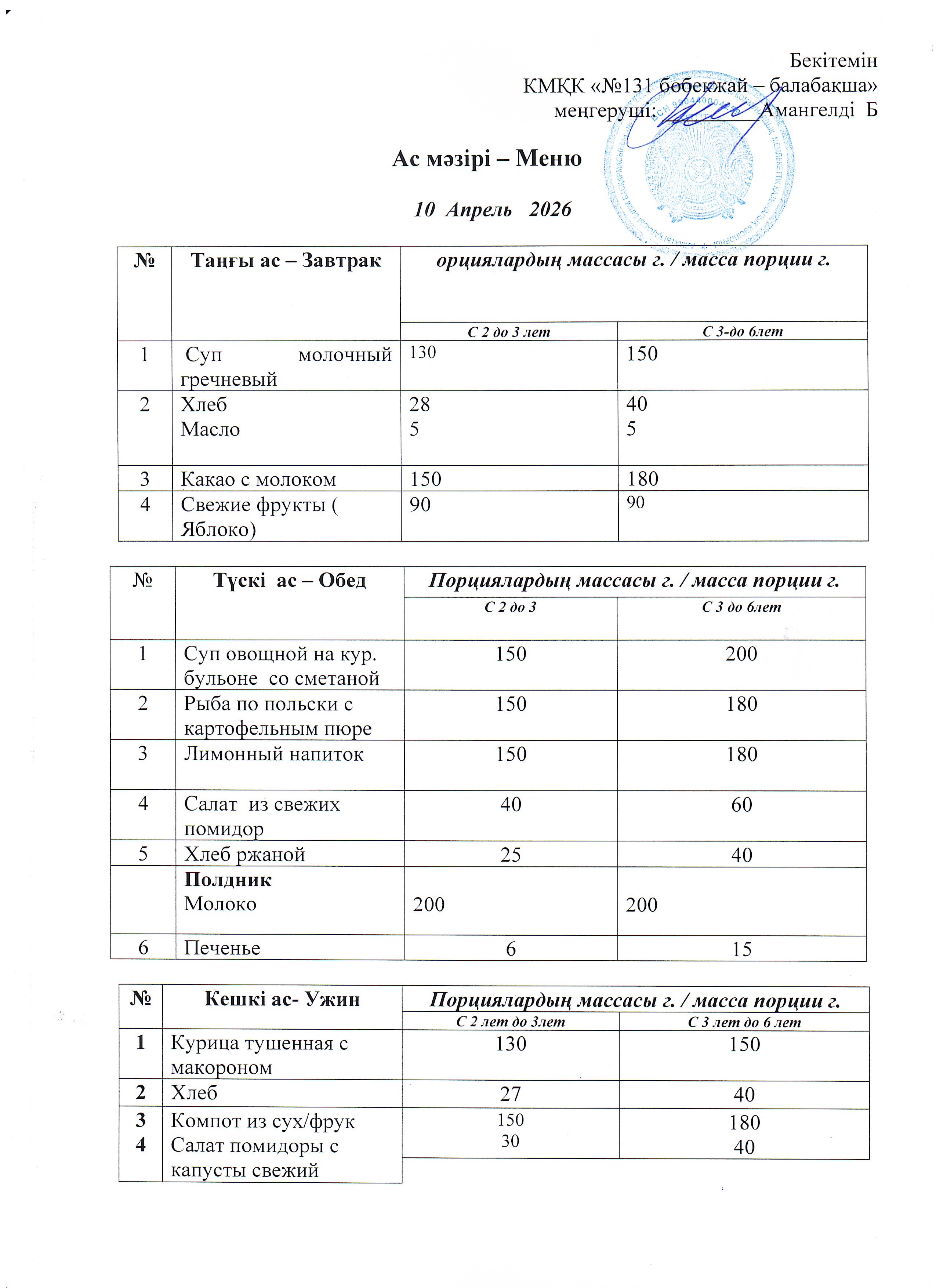 Меню 10 Апрель 2026 г