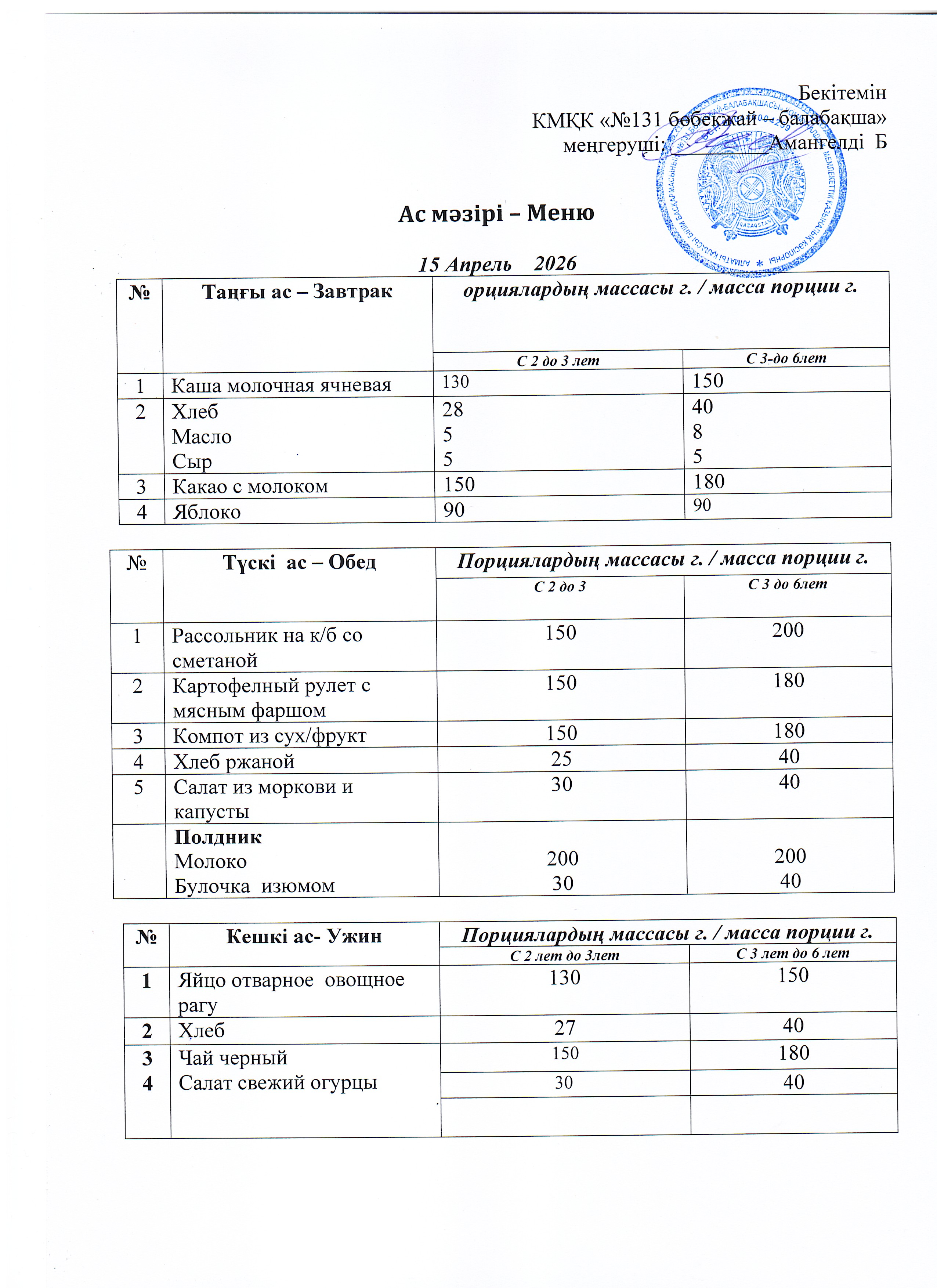 Меню 15 Апрель 2026 г