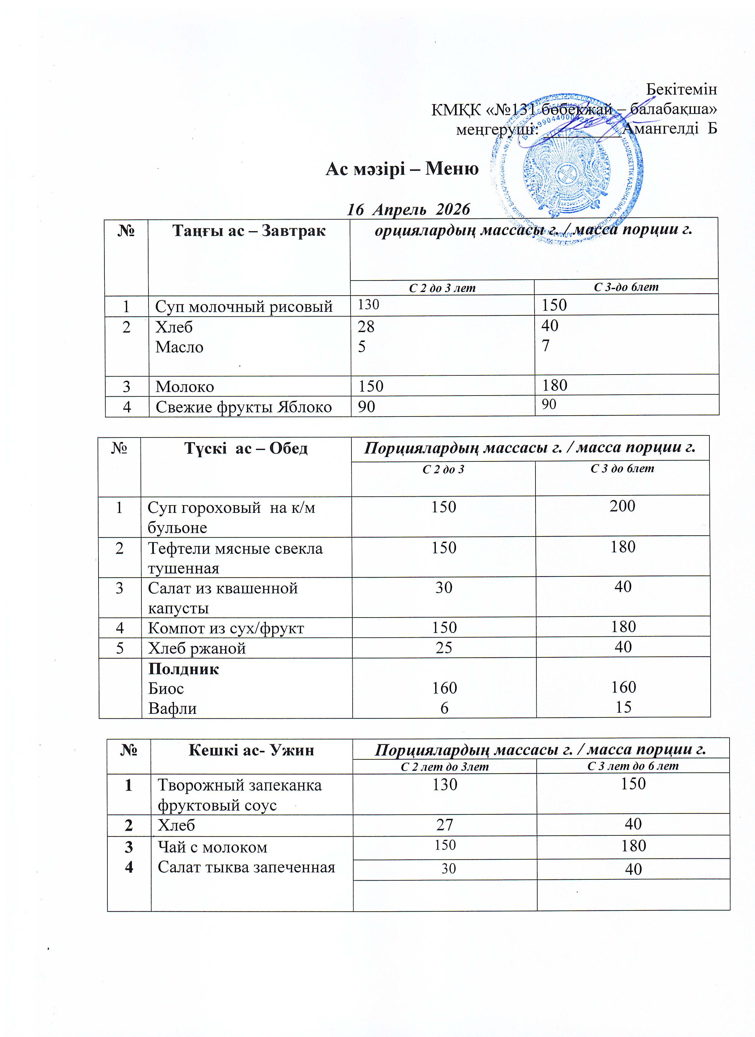 Меню 16 Апрель 2026 г