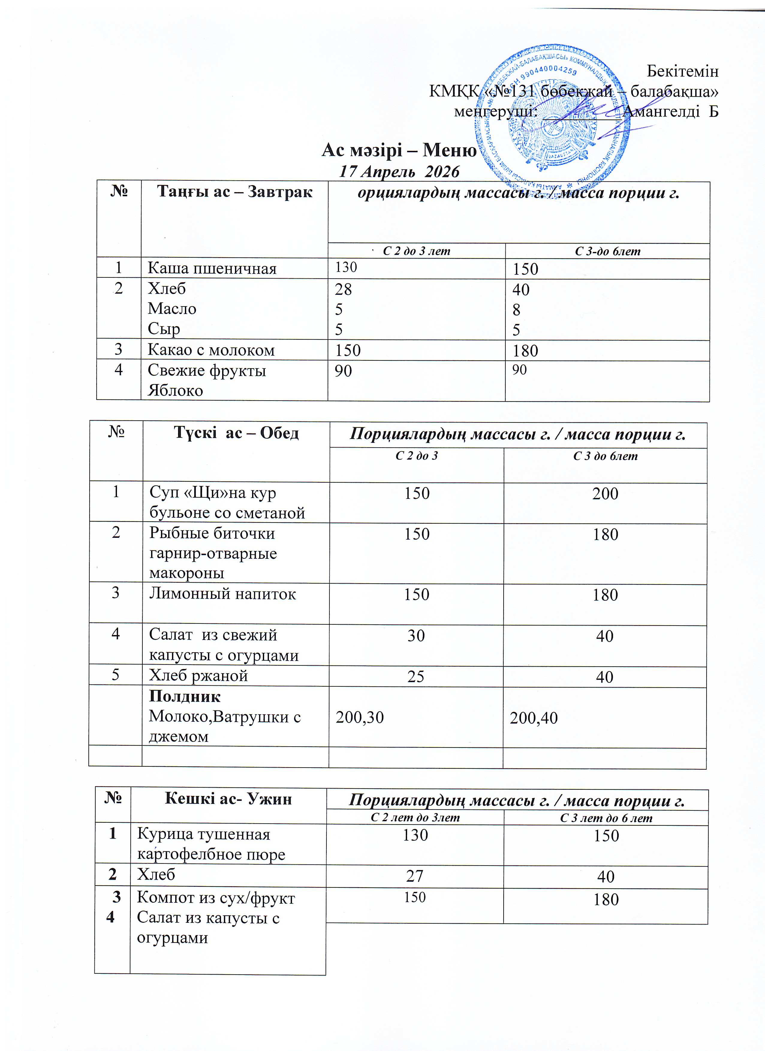 Меню 17 Апрель 2026 г