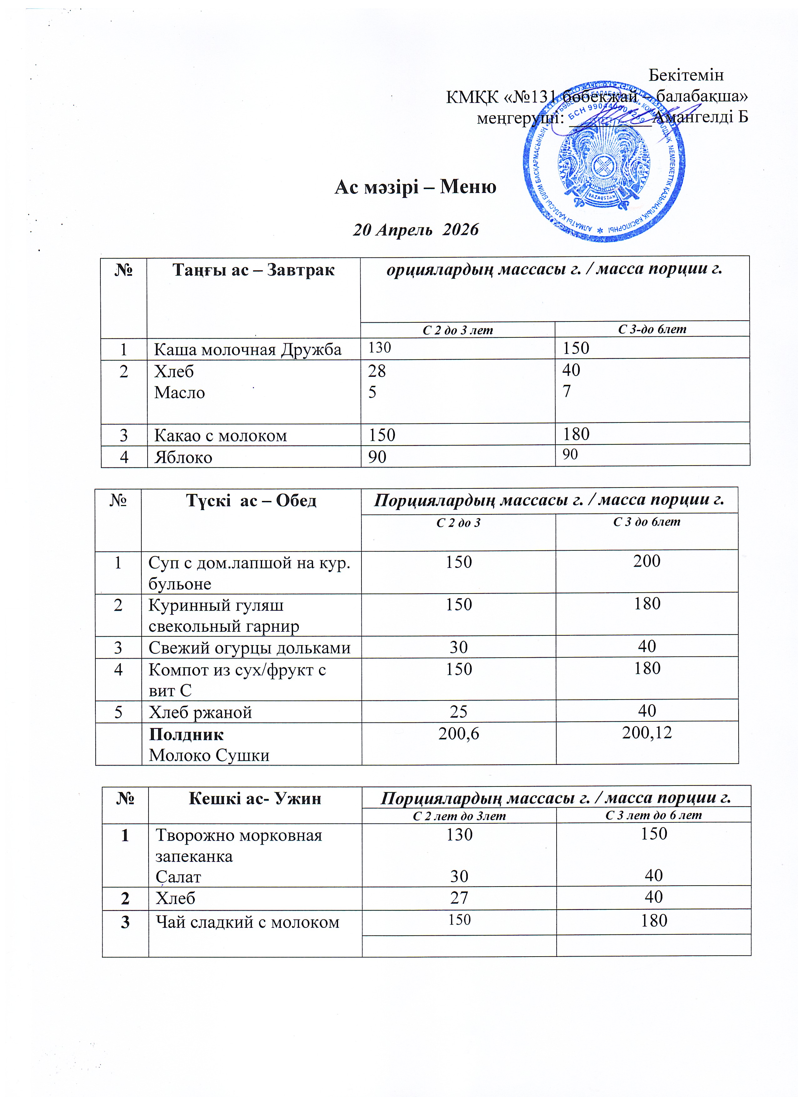 Меню 20 Апрель 2026 г