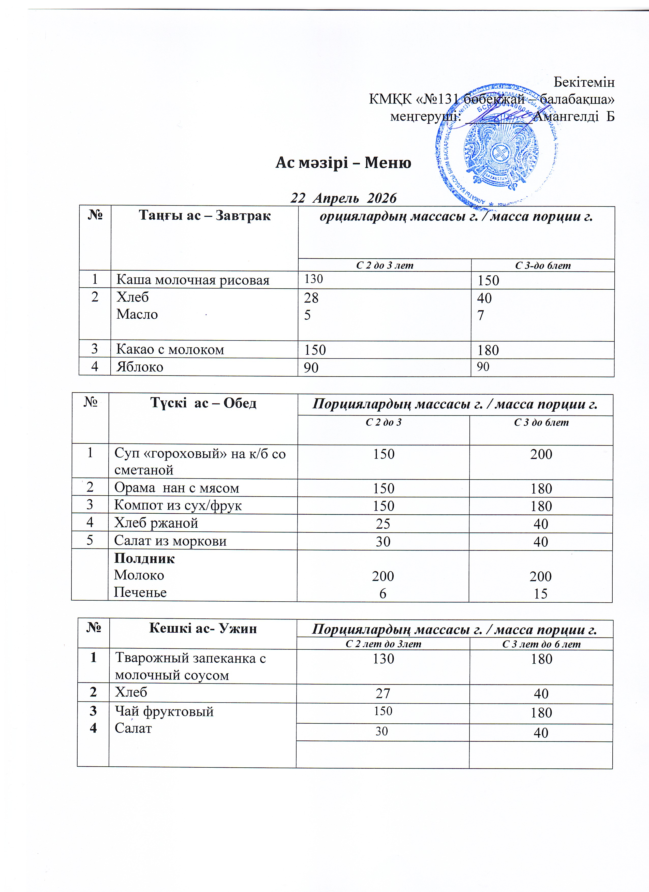 Меню 22 Апрель 2026 г