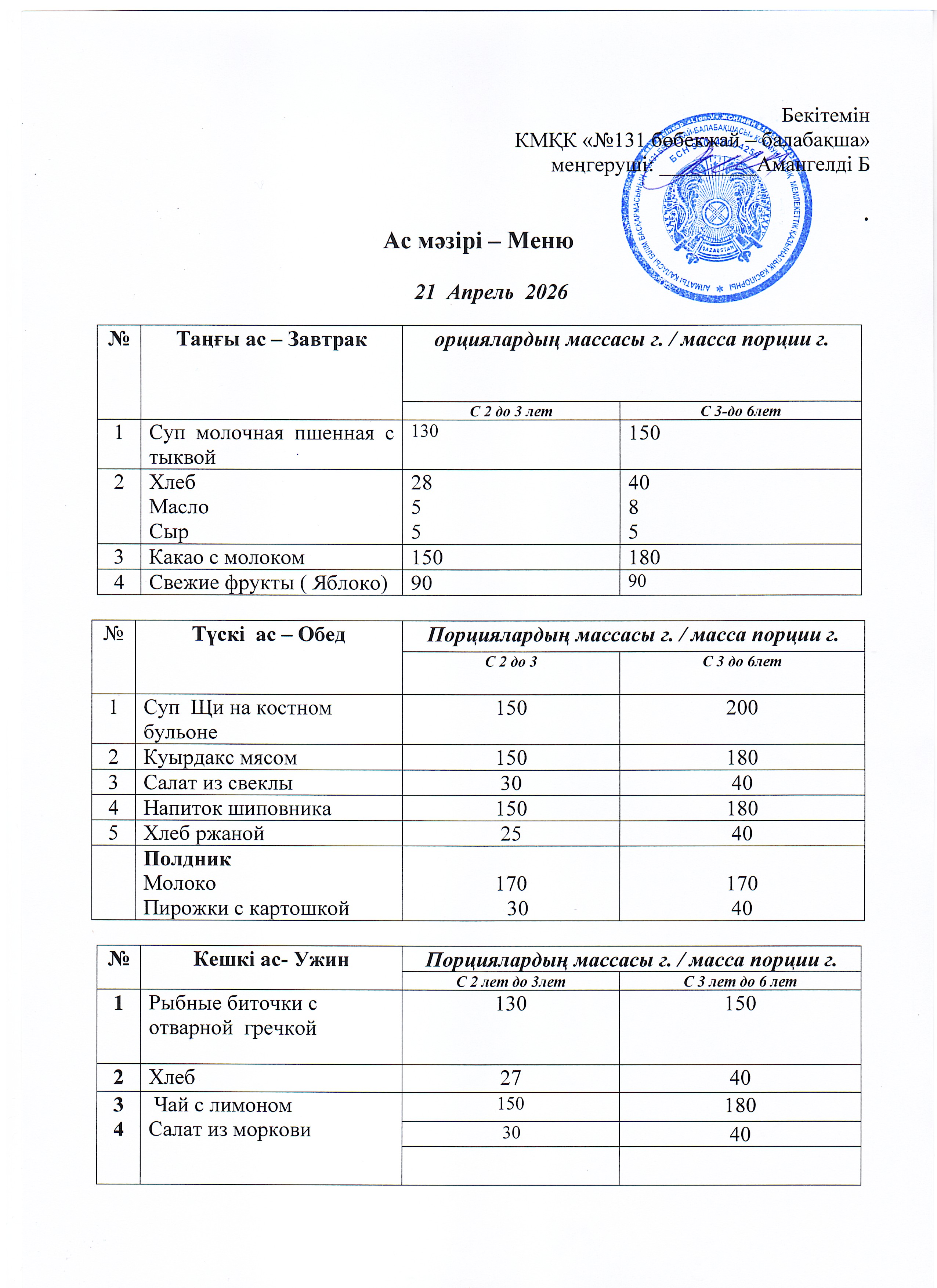 Меню 21 Апрель 2026 г
