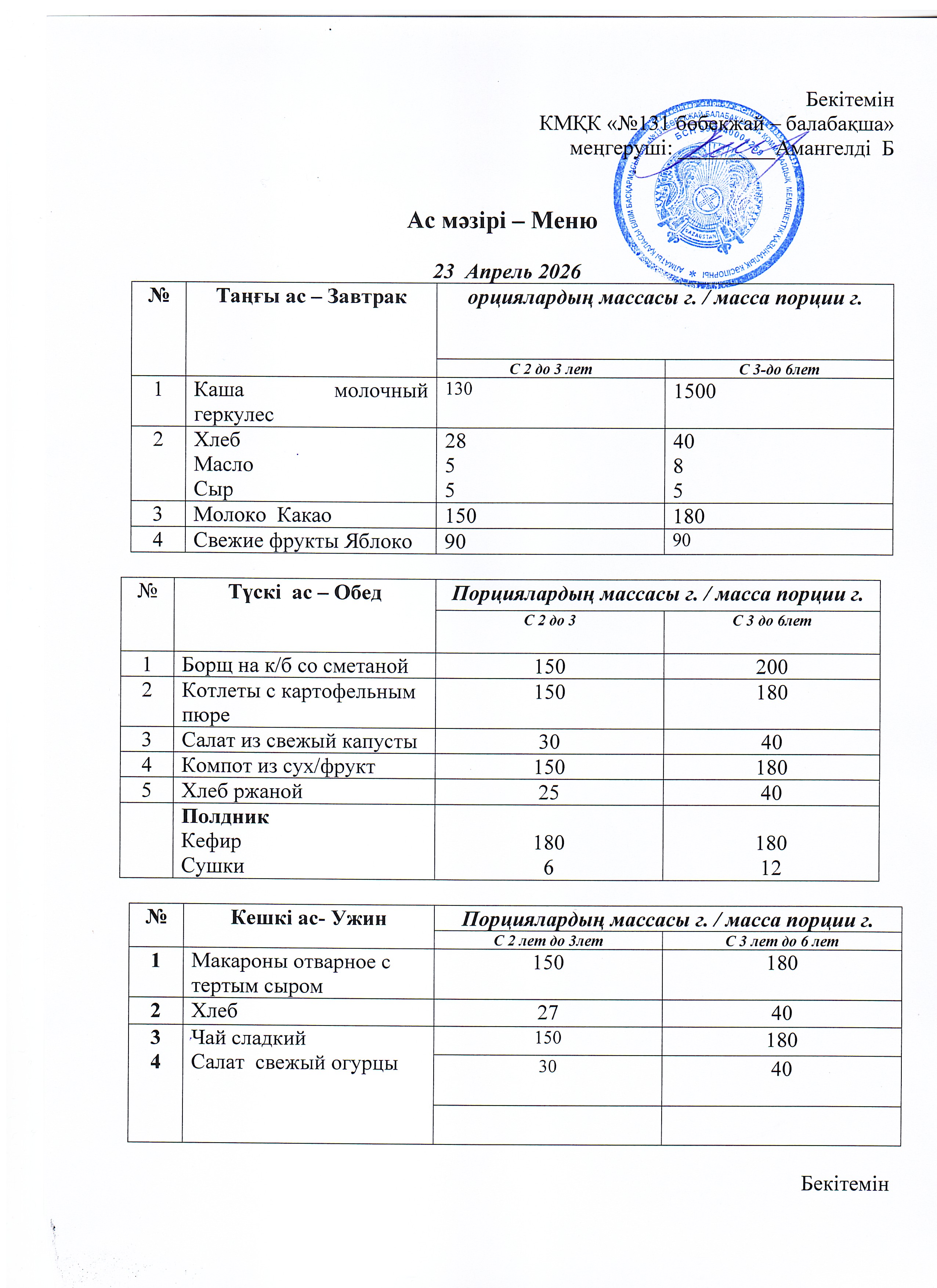 Меню 23 Апрель 2026 г