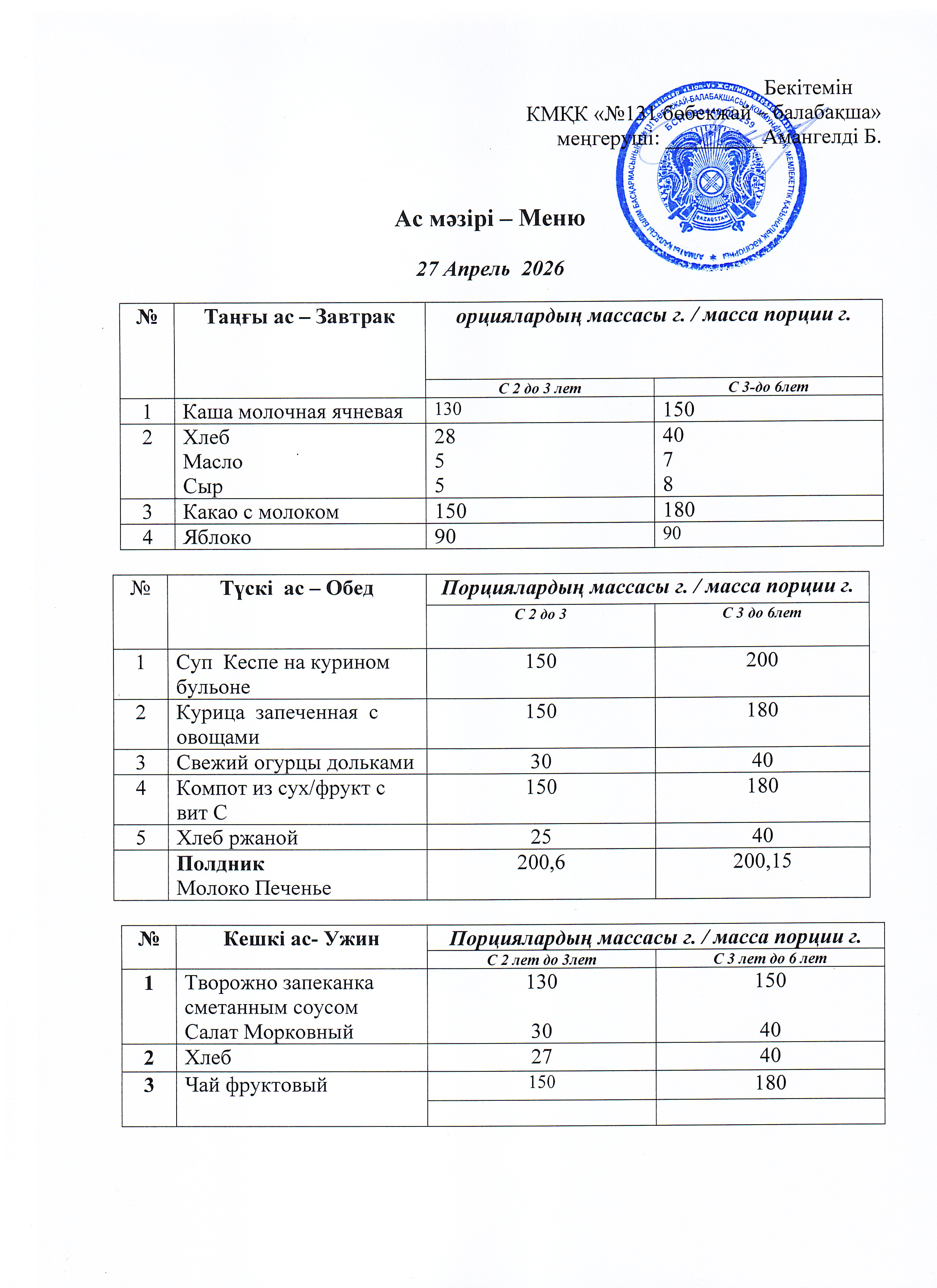 Меню 27 Апрель 2026 г