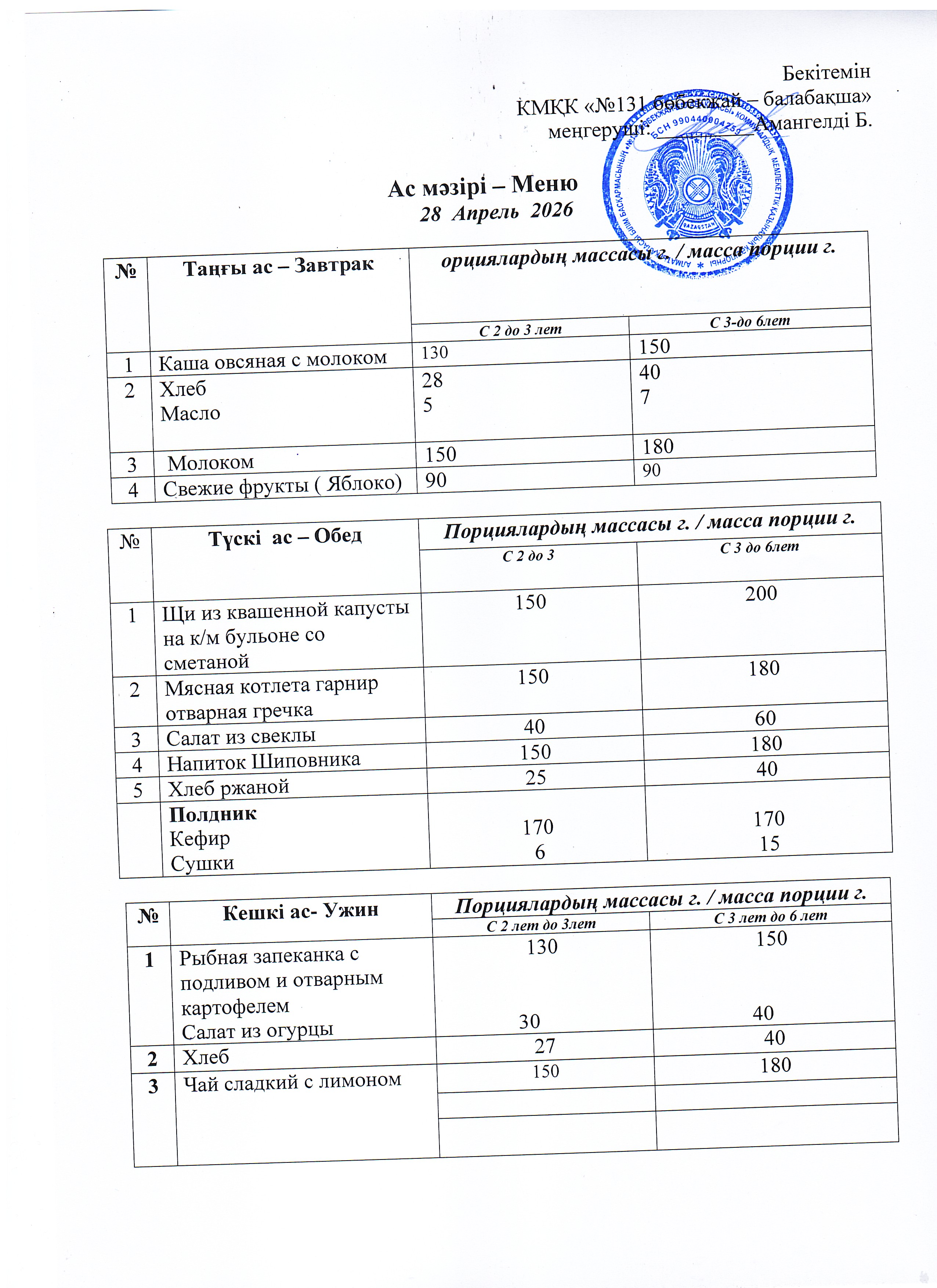 Меню 28 Апрель 2026 г