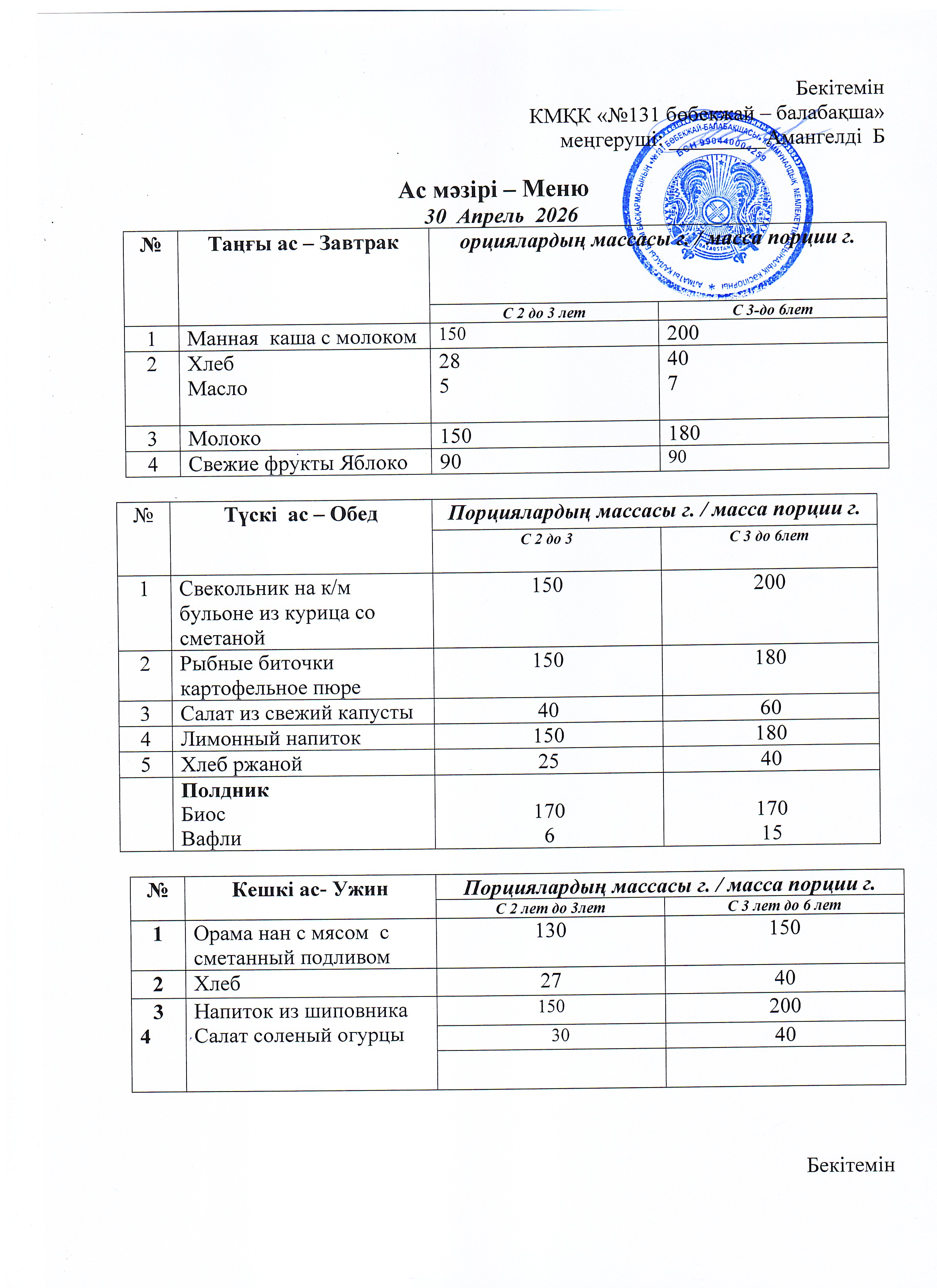 Меню 30 Апрель 2026 г