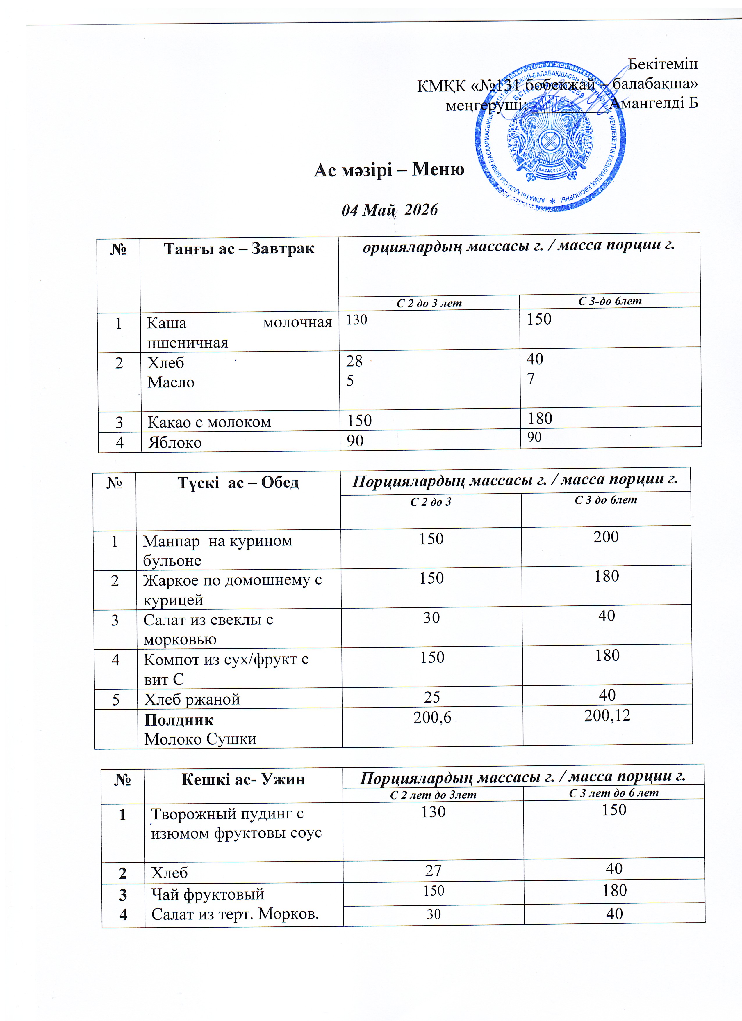 Меню 04 Май 2026 г