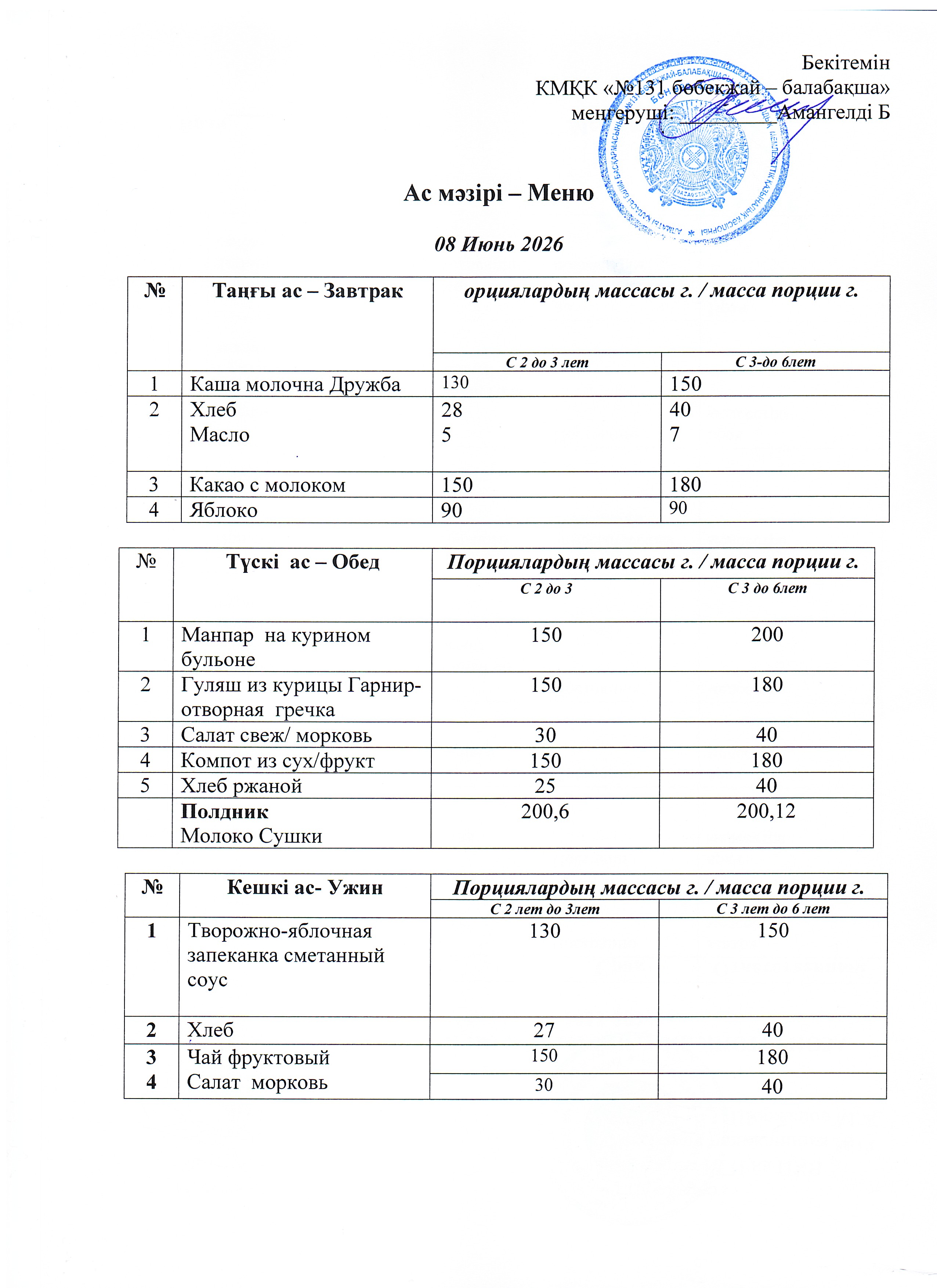 Меню 08 Июнь 2026 г