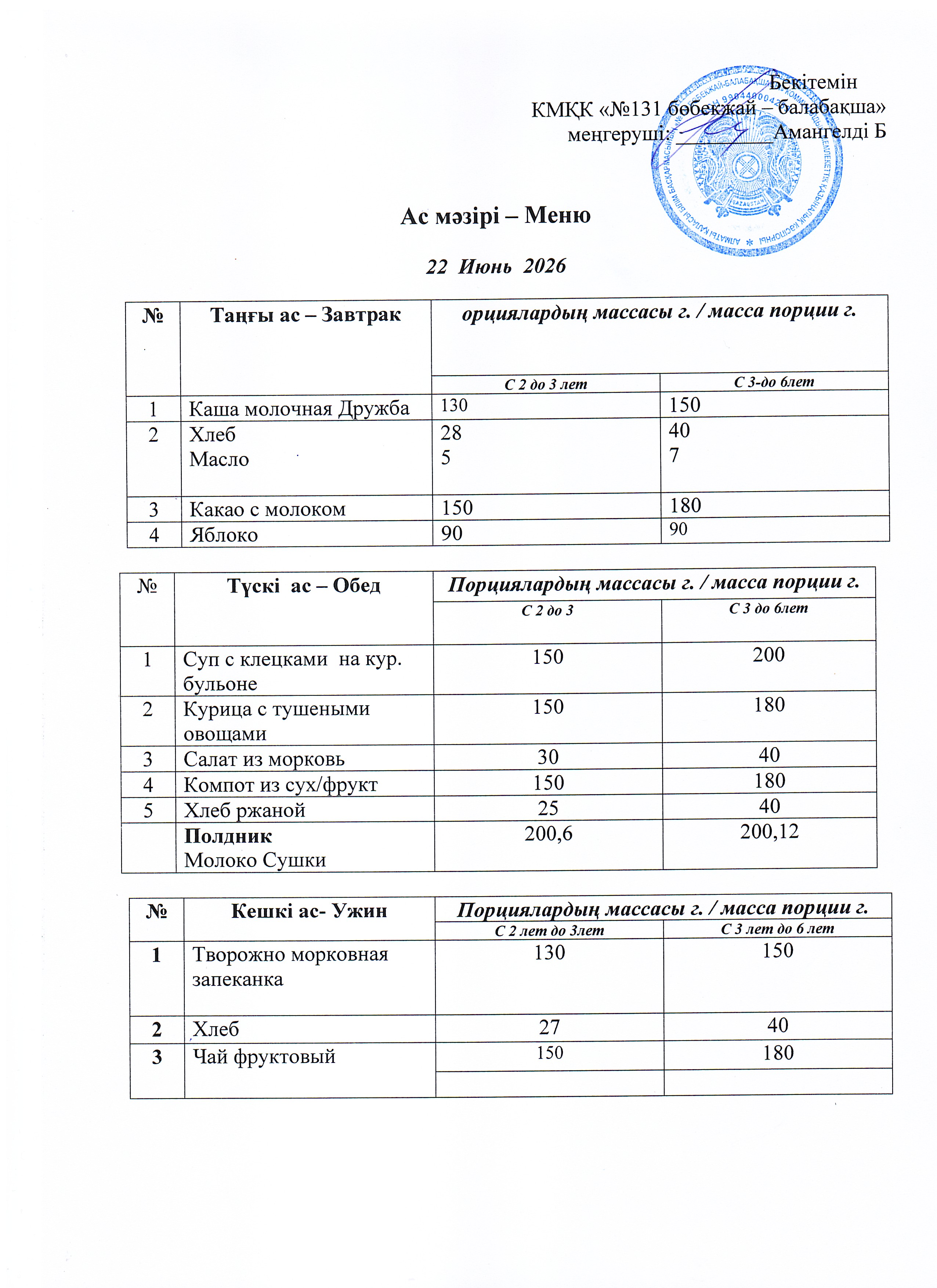 Меню 22 Июнь 2026 г
