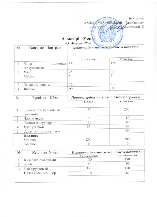 Меню 05 Август 2026 г