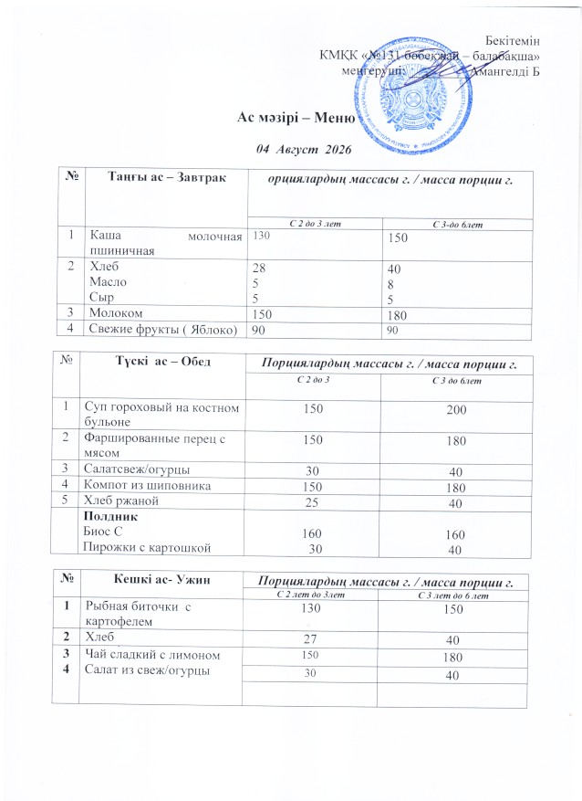 Меню 04 Август 2026 г