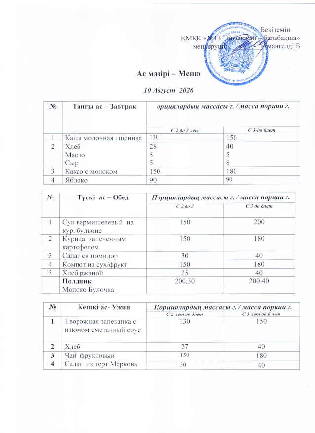 Меню 10 Август 2026 г