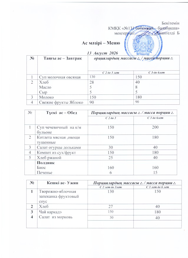 Меню 13 Август 2026 г