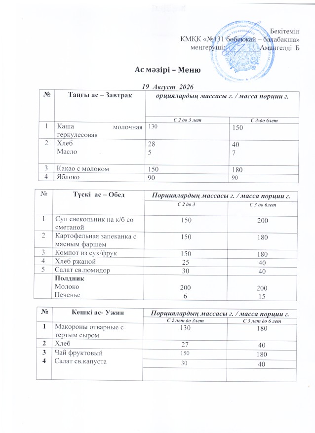 Меню 19 Август 2026 г