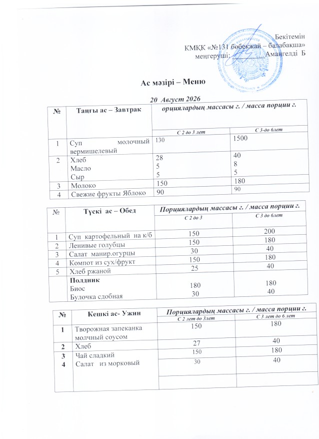 Меню 20 Август 2026 г